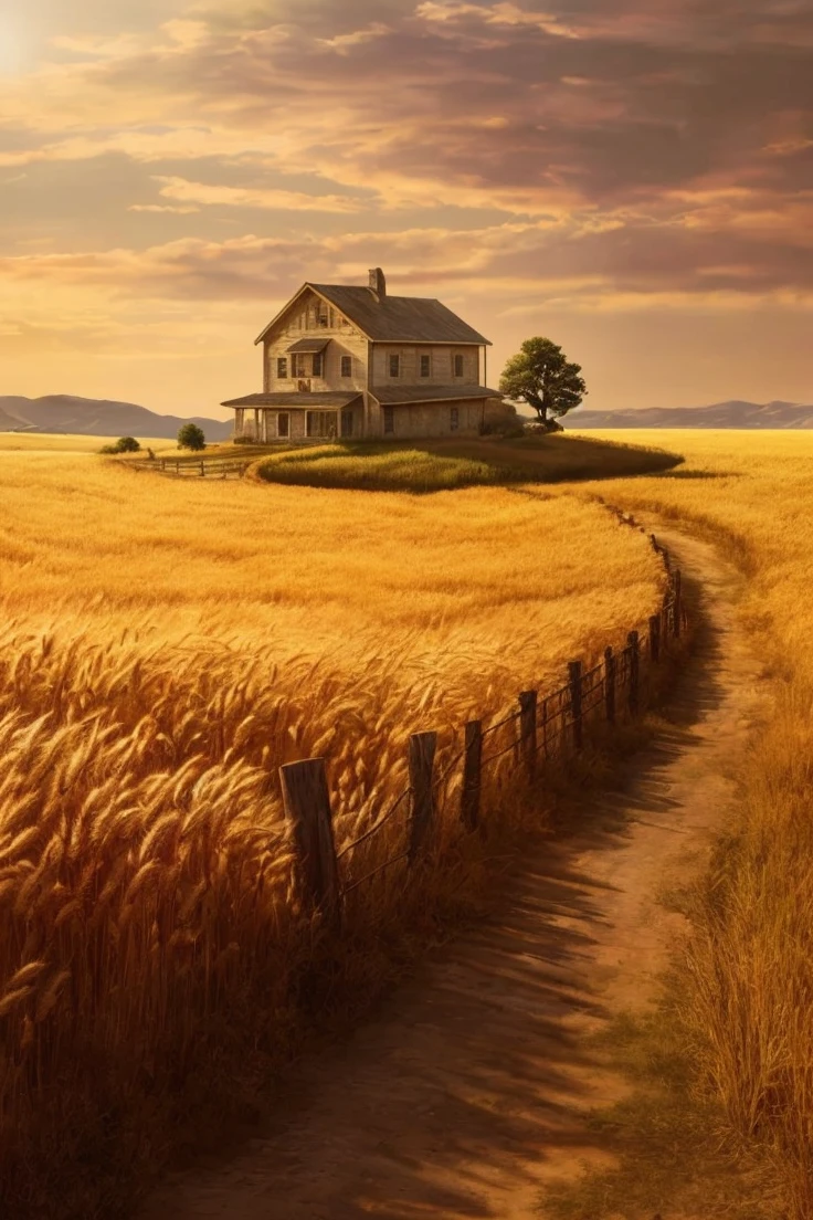 expansive_golden_wheat_field_with_charming_farmhouse_and_towering_trees_nestled_beside_it, warm_brilliant_sunlight_casting_magical_glow_across_breathtaking_landscape, birds_gracefully_soaring_through_crystal_clear_blue_sky_dotted_with_large_fluffy_white_clouds