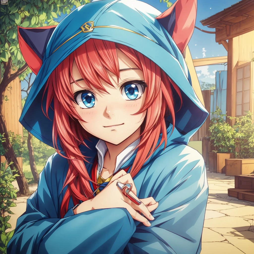 Make me a picture of a handsome anime guy, Short hair and blue color hair, and red hodie