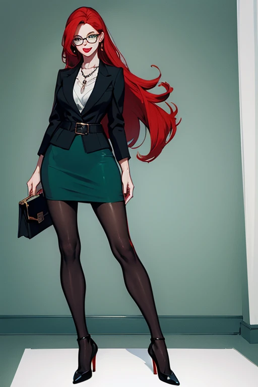 (full body:1.4),Tall, slender ((redhead)) woman of Irish descent. (pale:1.3)complexion. blue eyes, cute butt, nice legs. Kind eyes, cute smile. Eyeglasses, Mascara, red lipstick, necklace, green blazer and pencil skirt, blouse, black pantyhose, stiletto heels. Lawyer, in office.