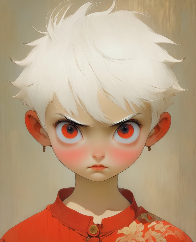 Young boy, short white hair, red eyes, naive look, simple red clothes