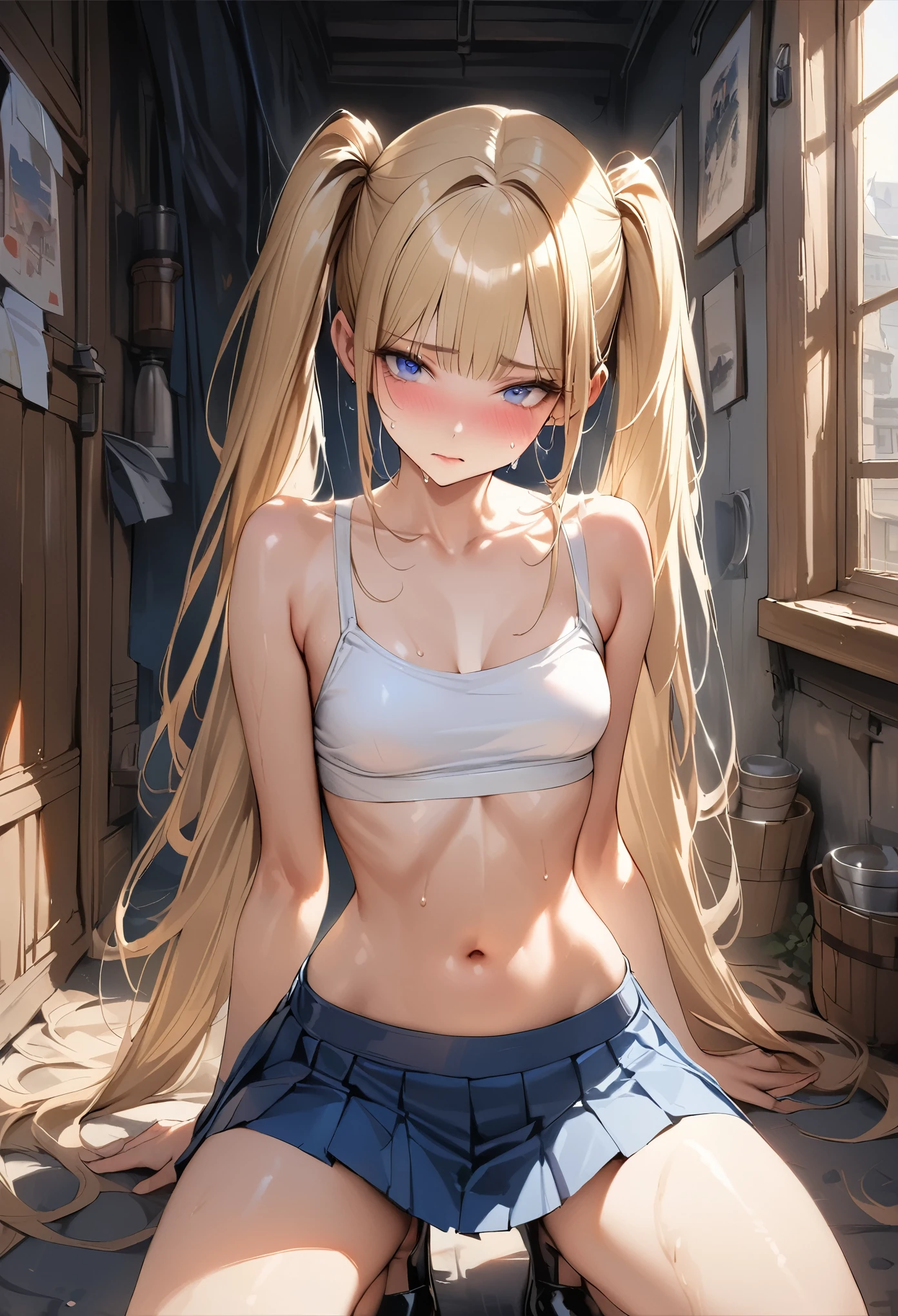 ((masterpiece,Highest quality:1.3,best quality illustration)),realistic,cowboy shot,(Mature Beauty:1.2),独奏,1woman,((very small head:1.4)),((ideal ratio body proportions:1.3)),blonde hair,high twin tails,straight long hair,bangs,gorgeous eyes,Blue eyes,shy,(White tube top shirt、navel、Blue pleated mini skirt),((slender body,skinny)),small breasts,gleaming skin,shiny skin,sweat,squatting,Black leather shoes、Back Alley、castle town、Medieval Europe,