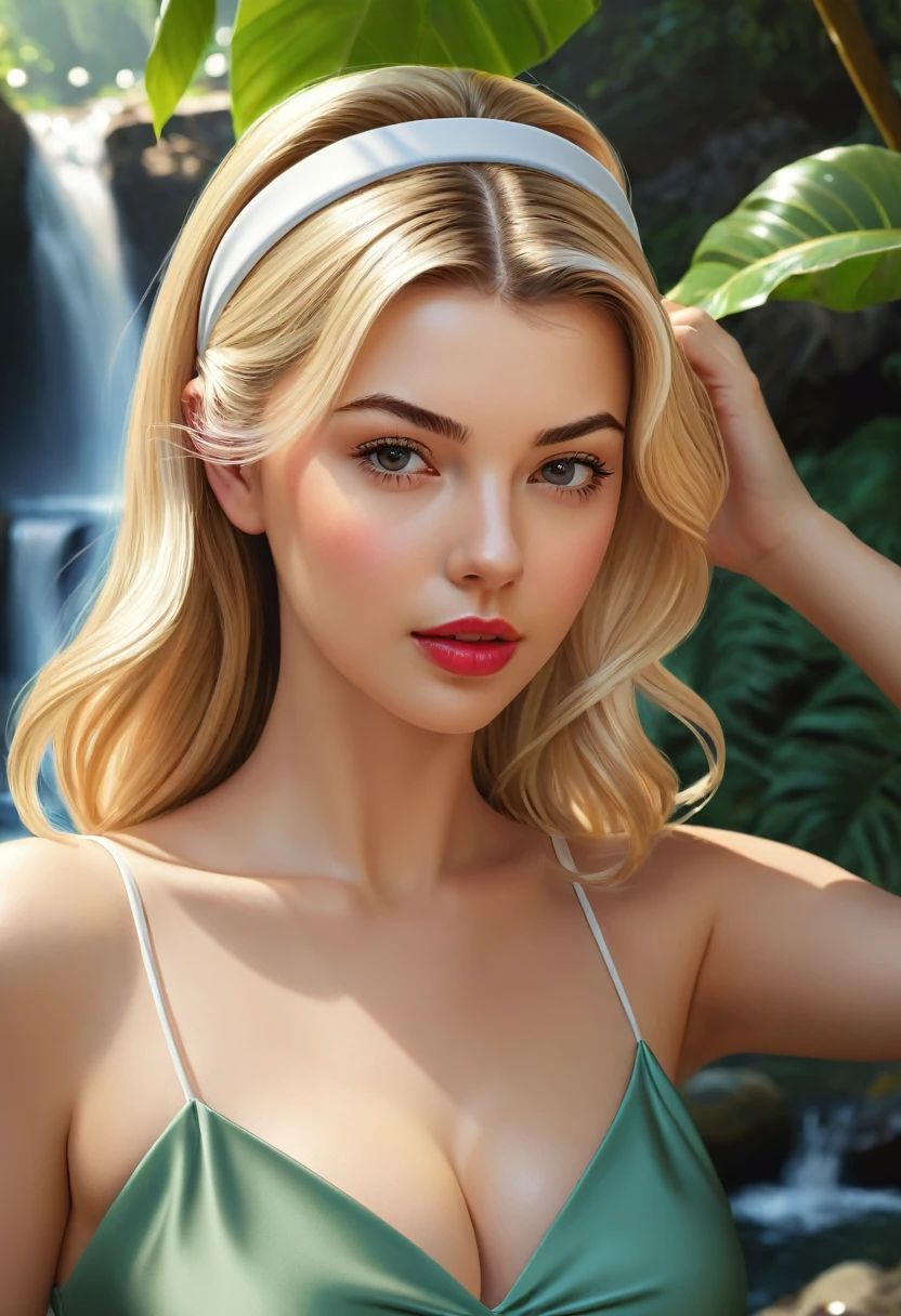 Thirst trap beautiful women that looks like Masiela Lusha. green sun dress, clean girl aesthetic. Her hair iblonde super strait and sleek, White hairband. official art is an award-winning digital masterpiece in 4K Ultra HD, featuring extreme detail and intricate realism. It combines the artistry of Wlop and Artgerm in a stunning 2D vector illustration. The background is a tranquil waterfall. bright colorful.