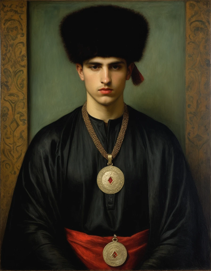 {{Masterpiece, best quality, full oil painting, by Franz von Stuck, muted colors}}, the composition is: (((a very young male nobleman, sullen, facing viewer. He is wearing a fur hat. He is wearing a black Mughal caftan with Praetorian elements, sashes, medals, a red diamond symbol pendant)))