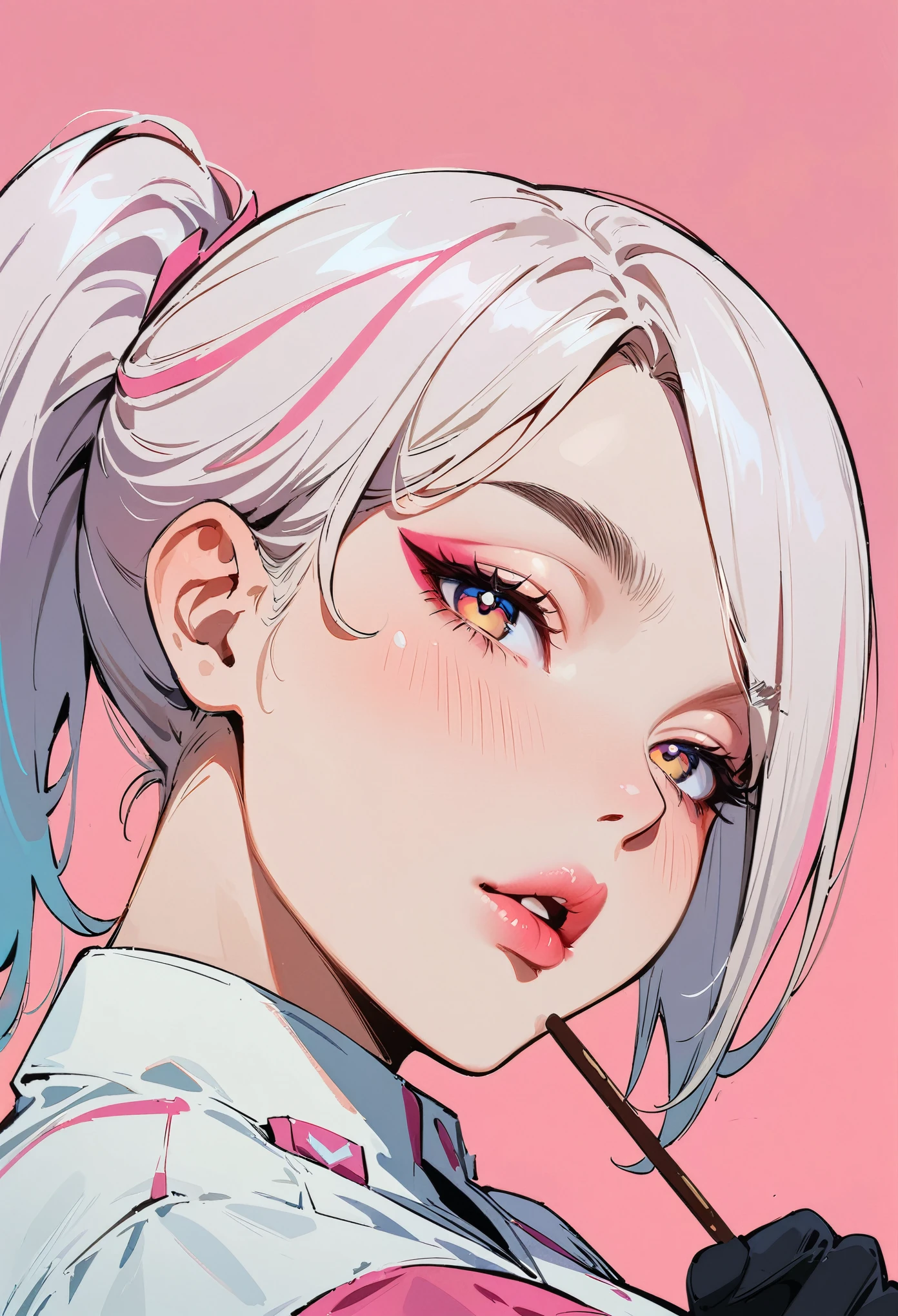 (masterpiece, best quality:1.4), 1 girl, 独奏, Anime style, Pink pupils, Blurred eyes, Holding pocky, Pink lower lip, Cyberpunk style makeup, Silver asymmetrical hairstyle, Long bangs on one side, High ponytail royal sister, sideways, Huge breasts, shirt, Pink background.