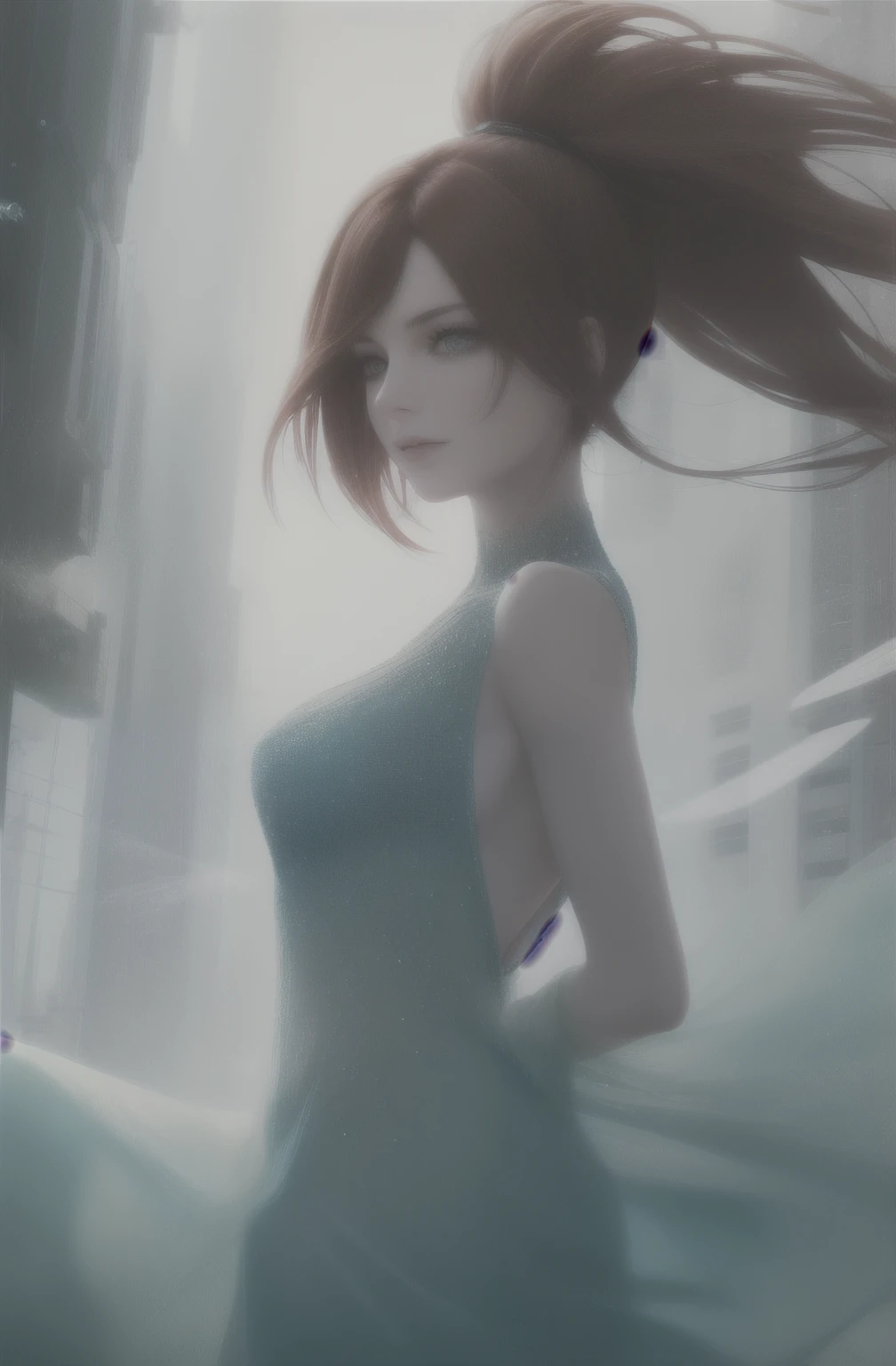 best quality, masterpiece, upper body,
(adult:1.6) ukrainian woman, Laura Bailey, (smirk:0.4), arms behind back,
ponytail auburn hair,
aquamarine eyes,
cyberpunk see-through open gown,
windy, floating light particles, centered,