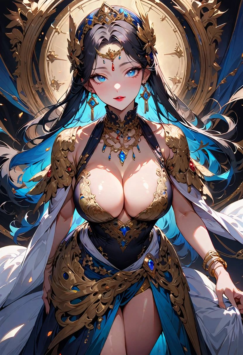 1 young beautiful woman,(Highest quality,Extremely detailed depiction,Incredibly absurd high resolution,Anatomically accurate depiction,Curvy Legs),(Glowing Skin,Shiny skin),(A princess with a noble air),(Expensive sparkly dress,Boots with intricate relief,Metal embroidery,Transparent gemstones and precious metals decoration),(Blue Eyes,Detailed pupil,Half-closed eyes:1.3,Shadowed face,lipstick,There is cleavage in the chest,Cool look),eyelash,Luxury accessories,Earrings,necklace,Bracelet,Standing posture,background:Empire
