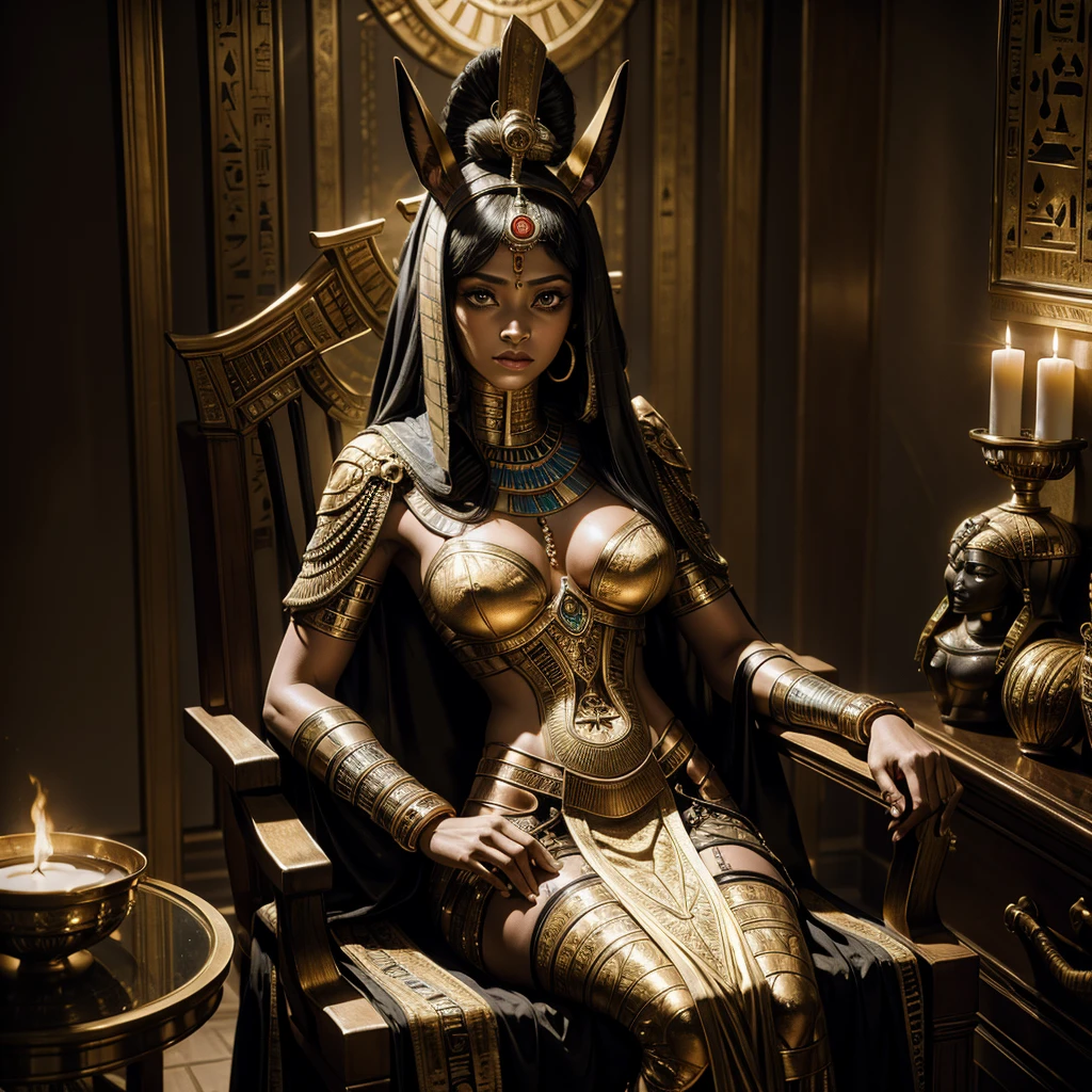 An Egyptian mummy woman on the chair inside an Egyptian funeral room and, next to her, the Egyptian god Anubis,hyper-realistic, 8k, ultra-detailed, masterpiece, cinematic, intricate-details