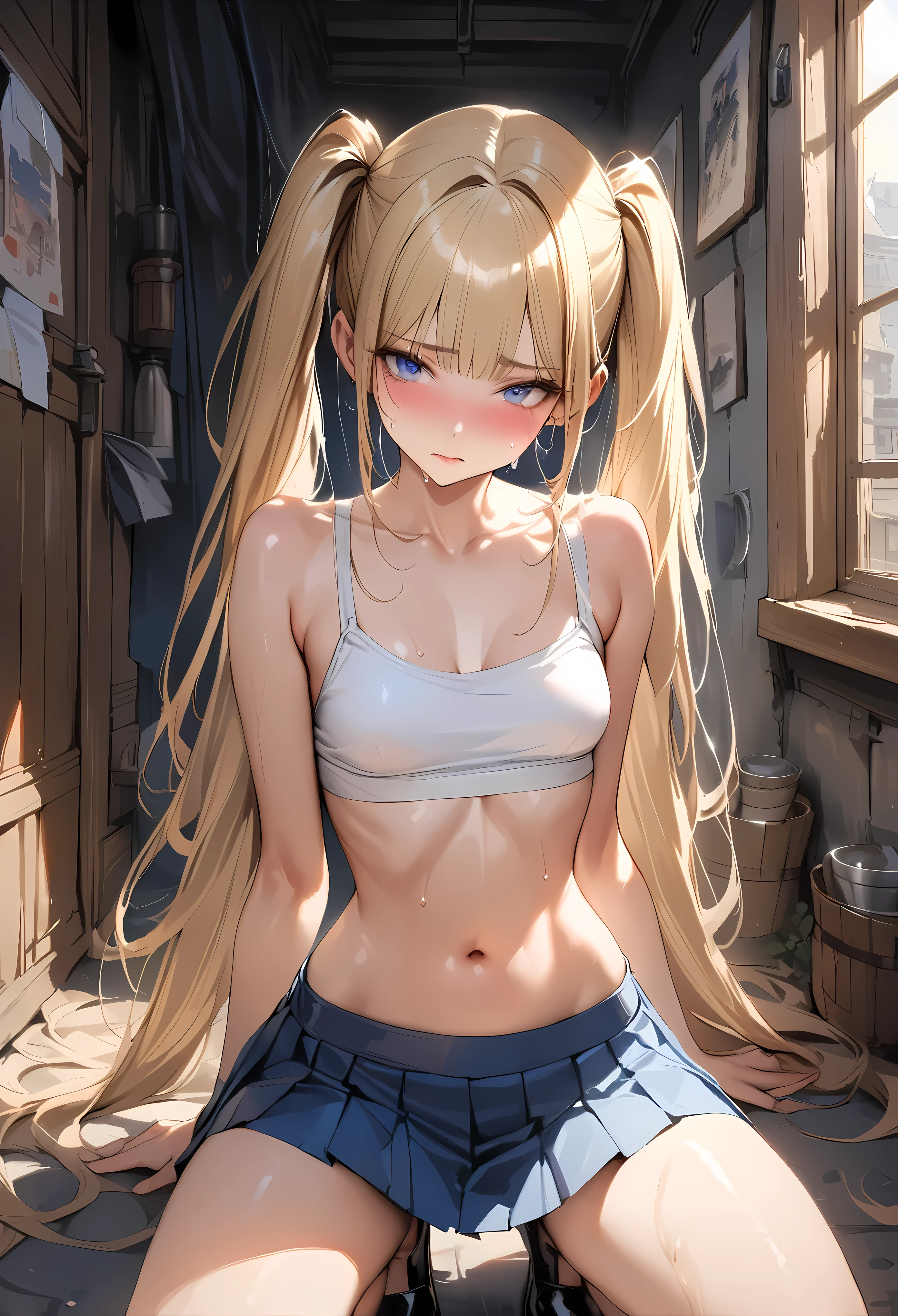 ((masterpiece,Highest quality:1.3,best quality illustration)),realistic,cowboy shot,Mature Beauty,独奏,1woman,((very small head:1.4)),((ideal ratio body proportions:1.3)),blonde hair,high twin tails,straight long hair,bangs,gorgeous big eyes,Blue eyes,shy,Heavy breathing,(White tube top shirt、navel、White panties),((slender body,skinny)),small breasts,gleaming skin,shiny skin,sweat,sitting,Black leather shoes、Spartan bed、Spartan room、Medieval Europe,
