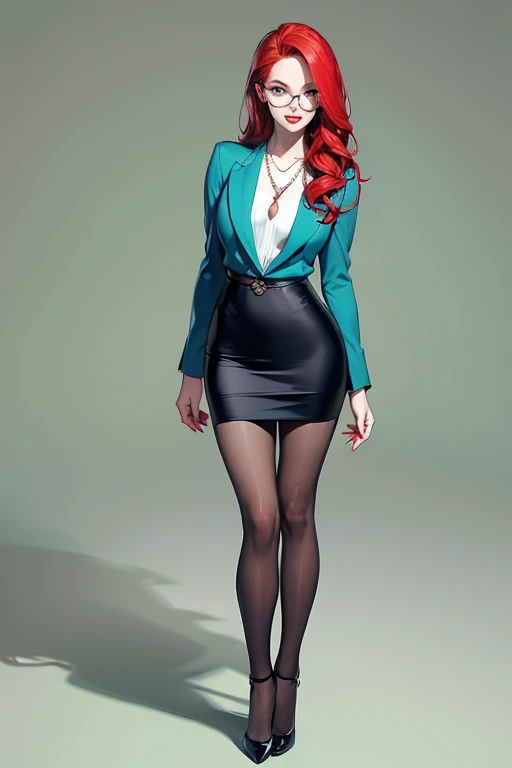 (full body:1.4),Tall, slender ((redhead)) woman of Irish descent. (pale:1.3)complexion. blue eyes, cute butt, nice legs. Kind eyes, cute smile. Eyeglasses, Mascara, red lipstick, necklace, green blazer and pencil skirt, blouse, black pantyhose, stiletto heels. Lawyer, in office.