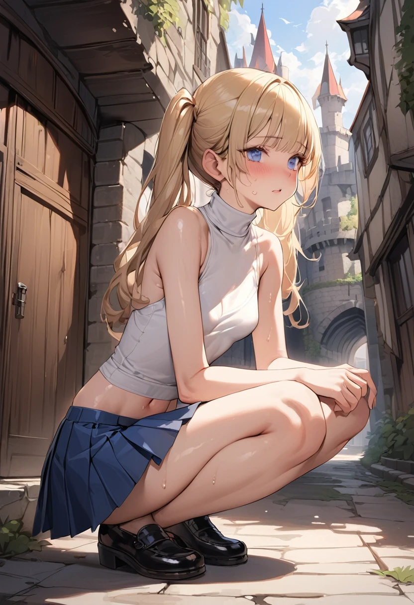 ((masterpiece,Highest quality:1.3,best quality illustration)),realistic,cowboy shot,(Mature Beauty:1.2),独奏,1woman,((very small head:1.4)),((ideal ratio body proportions:1.3)),blonde hair,twin tails,straight long hair,bangs,gorgeous eyes,Blue eyes,shy,(white knitwear、turtleneck,No sleeve),navel、(Blue pleated mini skirt),((slender body,skinny)),small breasts,gleaming skin,shiny skin,sweat,squatting,Black leather shoes、Back Alley、castle town、Medieval Europe,