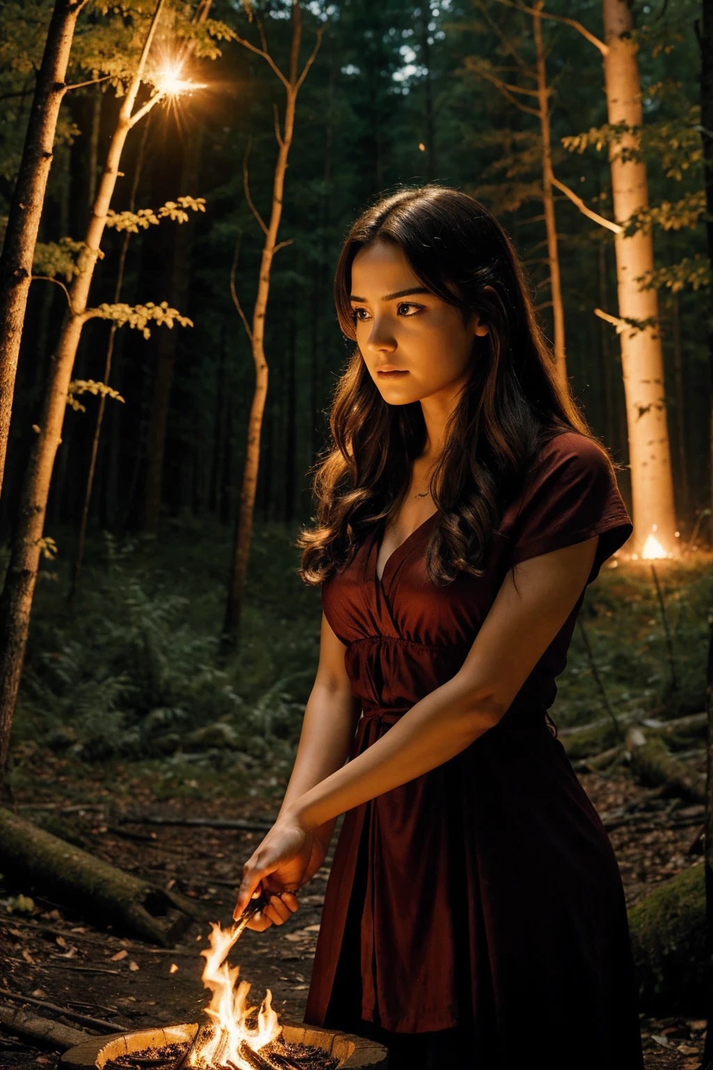 Depict a dramatic moment where the heroine discovers her fire powers for the first time. She is in a secluded forest clearing, with flames spontaneously igniting in her hands. Her expression should be one of awe and surprise as she gazes at the fire swirling around her. The trees and surroundings should be illuminated by the fiery glow, emphasizing the intensity of the moment
