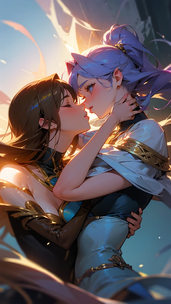 Girl kissing girl, fantasy, dynamic pose 