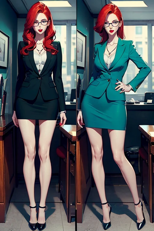 (full body:1.4),Tall, slender ((redhead)) woman of Irish descent. (pale:1.3)complexion. blue eyes, cute butt, nice legs. Kind eyes, cute smile. Eyeglasses, Mascara, red lipstick, necklace, green blazer and pencil skirt, blouse, black pantyhose, stiletto heels. Lawyer, in office.