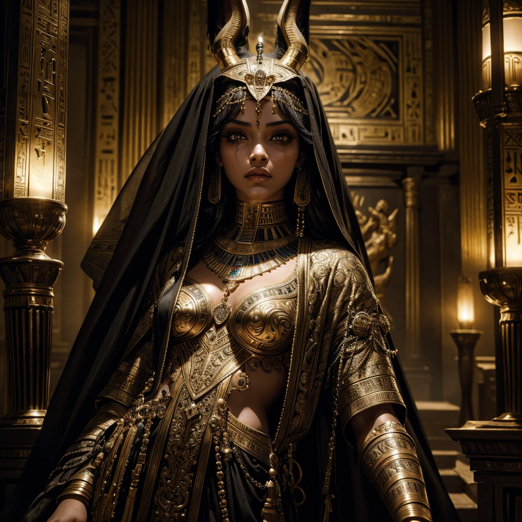 a woman mummy in egyptian funeral room, anubis god, hyper-realistic, 8k, ultra-detailed, masterpiece, cinematic, intricate-details, beautiful detailed eyes, beautiful detailed lips, extremely detailed face, long eyelashes, ancient egypt, tomb interior, ornate decoration, dramatic lighting, moody atmosphere, photorealistic, award winning, highly realistic, stunning, breathtaking, flawless execution
