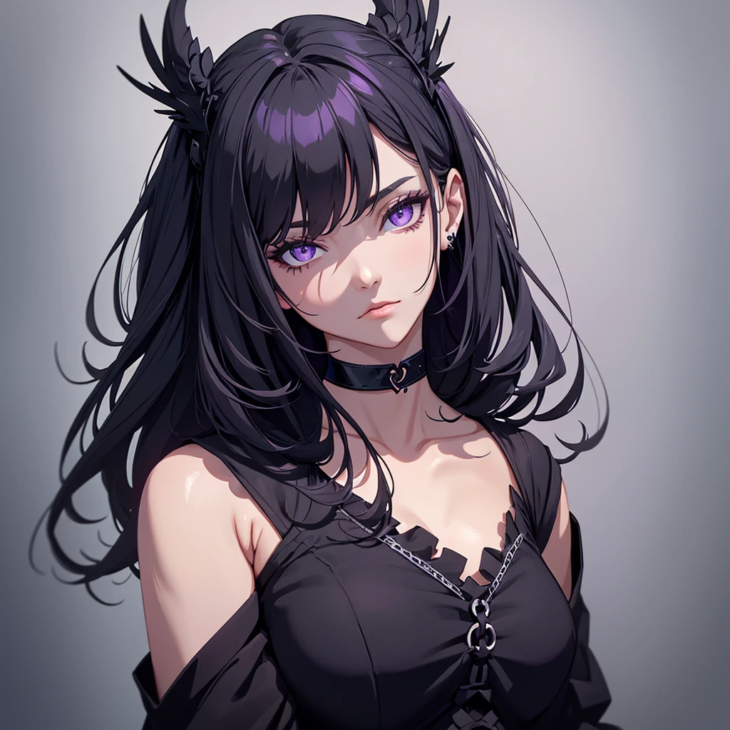 1girl, black choker, black costume, purple and gray details, raven details, long nails, raven mask, simple background, solo, white background, looking at the viewer, (masterpiece), (best quality), (ultra-detailed) ), very aesthetic, illustration, perfect composition, intricate details, mysterious, fantasy,