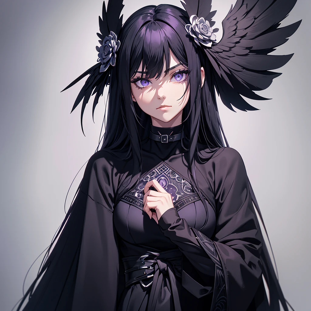 1girl, black choker, black costume, purple and gray details, raven details, long nails, raven mask, simple background, solo, white background, looking at the viewer, (masterpiece), (best quality), (ultra-detailed) ), very aesthetic, illustration, perfect composition, intricate details, mysterious, fantasy,