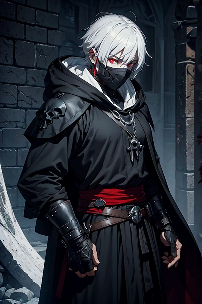 An assassin, male, fantasy character, physically strong, wearing a skull mask covering his face and eyes, dressed in black medieval attire, with a white hooded cloak over it, gray hair, short hair, red eyes, holding a dagger, nighttime background.