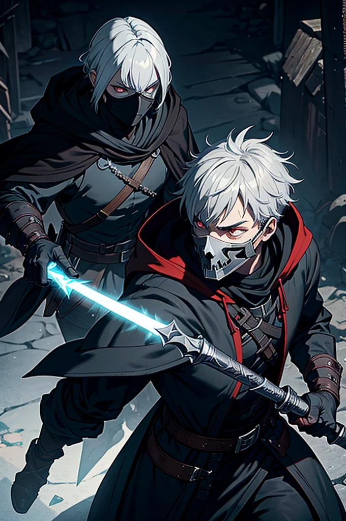 An assassin, male, fantasy character, physically strong, wearing a skull mask covering his face and eyes, dressed in black medieval attire, with a white hooded cloak over it, gray hair, short hair, red eyes, holding a dagger, nighttime background.