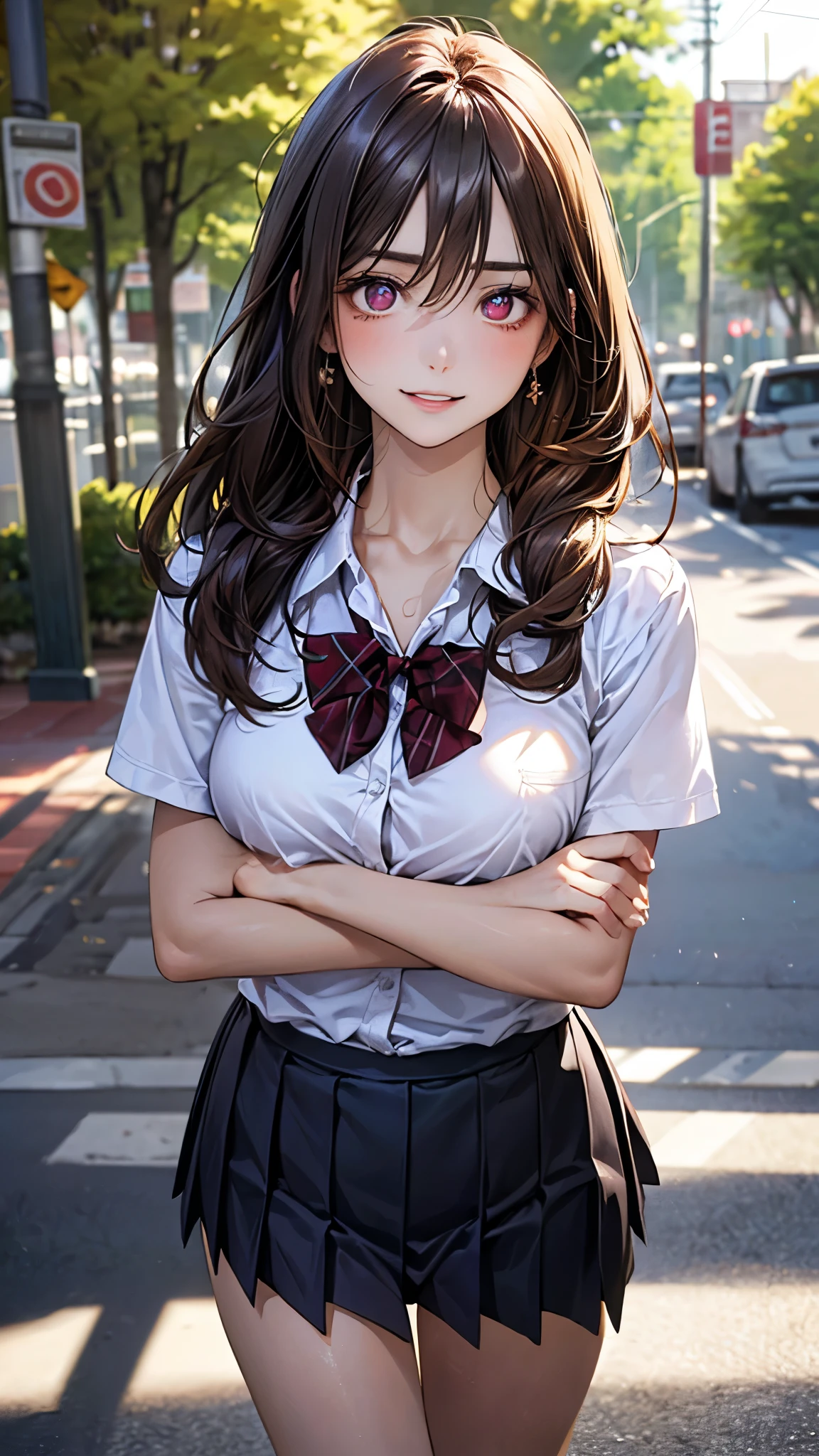 (masterpiece:1.2, top-quality), (realistic, photorealistic:1.4), beautiful illustration, (natural side lighting, movie lighting), depth of fields,
looking at viewer, upper body, face close-up, front view, 1 girl, 10 years old, (perfect anatomy, anatomically correct, super detailed skin), cute and symmetrical face, perfect face, perfect eyes,
(long hair, chignon:1.5, dark brown hair), hair between eyes, maroon eyes, big eyes, long eye lasher, (medium breasts, thigh), perfect body, shiny skin,
beautiful detailed hair, beautiful detailed face, beautiful detailed eyes, beautiful clavicle, beautiful body, beautiful chest, beautiful thigh, beautiful legs, beautiful fingers,
(detailed cloth texture, break short sleeve white collared shirt, break navy pleated skirt, break dark red bow tie), break
(beautiful scenery), (tree-lined street:1.2), walking, (crossed arms), (lovely smile, parted lips),