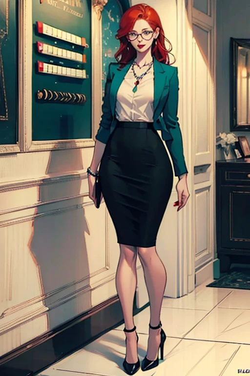 (full body:1.4),Tall, slender ((redhead)) woman of Irish descent. (pale:1.3)complexion. blue eyes, cute butt, nice legs. Kind eyes, cute smile. Eyeglasses, Mascara, red lipstick, necklace, green blazer and pencil skirt, blouse, black pantyhose, stiletto heels. Lawyer, in office.