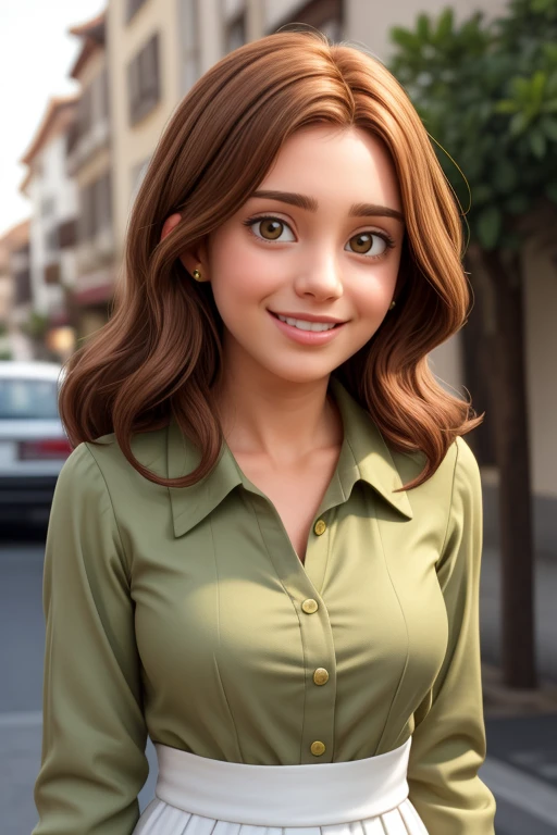 A Woman 30 years old,  light brown hair , Round face, charmer smile, full mouth , front with a green blouse with the name . Zé Almeida, I&#39;m ten making gestures, come be part of it, you too 