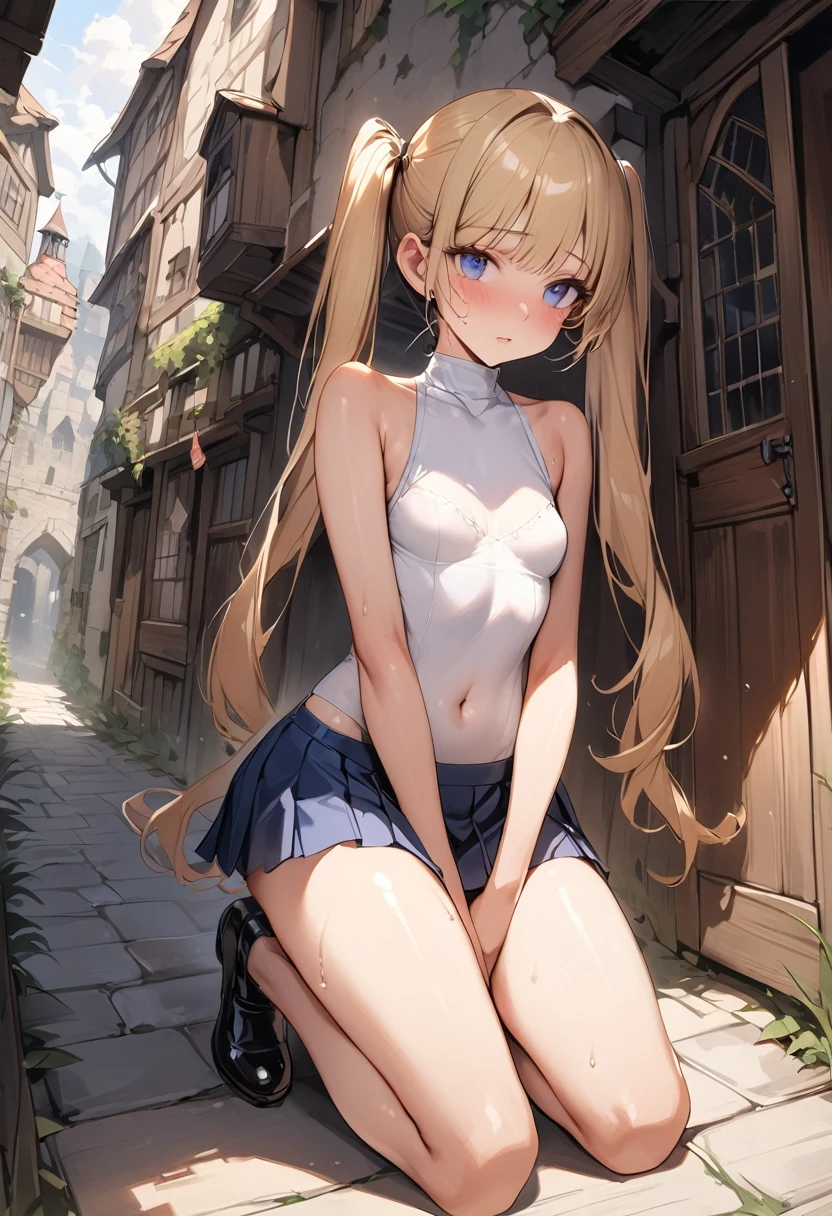 ((masterpiece,Highest quality:1.3,best quality illustration)),realistic,cowboy shot,(Mature Beauty:1.2),独奏,1woman,((very small head:1.4)),((ideal ratio body proportions:1.3)),blonde hair,twin tails,straight long hair,bangs,gorgeous eyes,Blue eyes,shy,(white knitwear、turtleneck,No sleeve),navel、(Blue pleated mini skirt),((slender body,skinny)),small breasts,gleaming skin,shiny skin,sweat,kneeling,Black leather shoes、Back Alley、castle town、Medieval Europe,