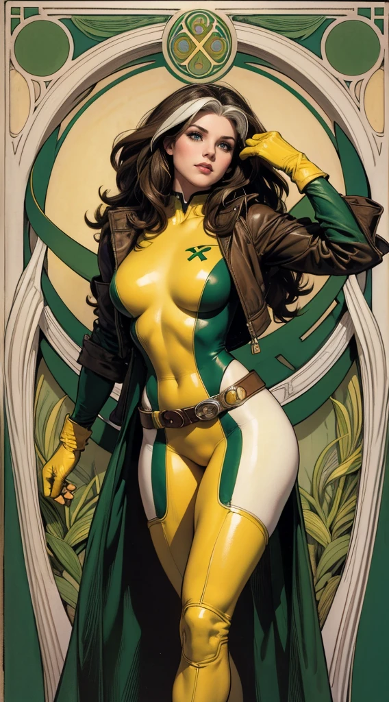 (masterpiece:1.0), (best_quality:1.2), Classic Rogue, 1991 Rogue X-Men, 1 girl, Only 1, full body view, medium length hair, brown hair, wavy hair, messy hair, one lock of white hair, green eyes, mischievous look, smirking, fit figure, curvy figure, medium breasts, lipstick, makeup, jacket, green headband, belt, yellow gloves, skin tight bodysuit, open jacket, light source from above, (realism: 1.5), (Realistic: 1.4), (Absurdity:1.4), 8k, ultra-detailed, Detailed Beautiful Woman, (Art Nouveau style), influence by John William Waterhouse and Alphons Mucha, circles, banners, background colors: green, gold, yellow, white, beige