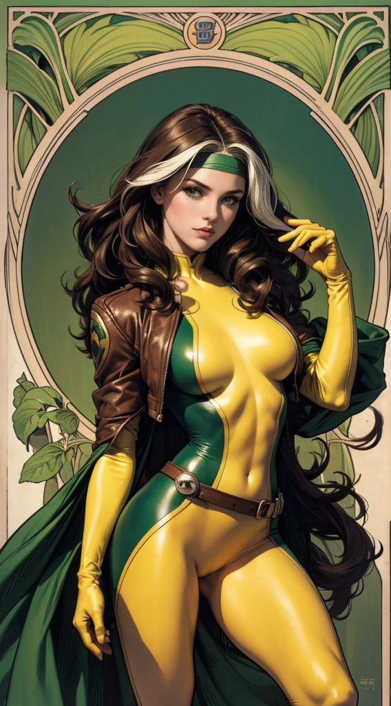 (masterpiece:1.0), (best_quality:1.2), Classic Rogue, 1991 Rogue X-Men, 1 girl, Only 1, full body view, medium length hair, brown hair, wavy hair, messy hair, one lock of white hair, green eyes, mischievous look, smirking, fit figure, curvy figure, medium breasts, lipstick, makeup, jacket, green headband, belt, yellow gloves, skin tight bodysuit, open jacket, light source from above, (realism: 1.5), (Realistic: 1.4), (Absurdity:1.4), 8k, ultra-detailed, Detailed Beautiful Woman, (Art Nouveau style), influence by John William Waterhouse and Alphons Mucha, circles, banners, background colors: green, gold, yellow, white, beige