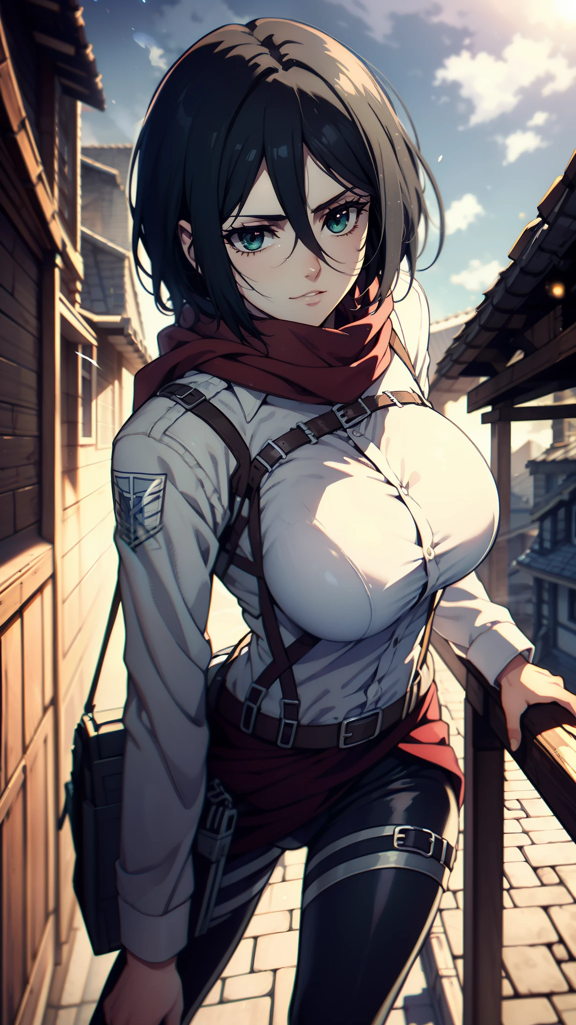 Frame from below, Photo below, view from bottom, sexy, combat stance, half naked, shirt unbuttoned, Hesitate, erotica, Super Epic Composition, aot style, shingeki no kyojin, mikasa ackerman, 1girl, in full height (Body Full 1.1), Hand strap, quiff, black hair, Black pants, chest, green colored eyes, Hair between the eyes, turnstile, long sleeves, looks at the viewer, Average Breasts,, breeches, red scarf, a scarf, Shirt, Short Hair Hair, Roof of the city, roof, sun, In the air, Holds blades in his hands, jump, Smoke, solo, hip belt, white shirt, Scientific Research Building \(emblem\), ((tmasterpiece)), beste-Qualit, sex, hooligan, waist, legsupms, buttocks, chest, (Body Full 1.1), Camera from above, Frame from above, the night, Lights, looks at the viewer, ssmile, grin, criminal, laughting, Cool anime 8K, Clean and detailed anime art, 4K Manga Wallpapers, Подробный портрет Anime Girl, Anime 4K Style, Anime Art Wallpapers 4K, Anime Art Wallpaper 4K Masterpiece, Gorgeous, Best Quality,
