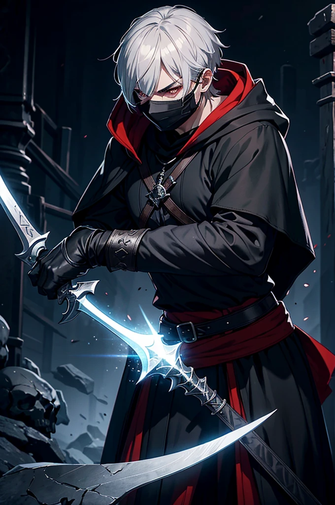 An assassin, male, fantasy character, physically strong, wearing a skull mask covering his face and eyes, dressed in black medieval attire, with a white hooded cloak over it, gray hair, short hair, red eyes, holding a dagger, nighttime background.