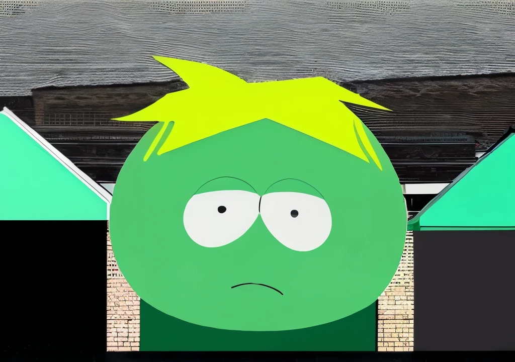 ( closeup of butters standing.:1.2) in a cemetery .  a building_egyptian in the background. ((two black pupils)).blonde hair, black eyes. flat shading. flat colors. art  style of comedy central south park tv show.   ( best quality, high quality, highres, ultra-detailed),  edobgraveyardengland,  dark clouds. heavy raining.  