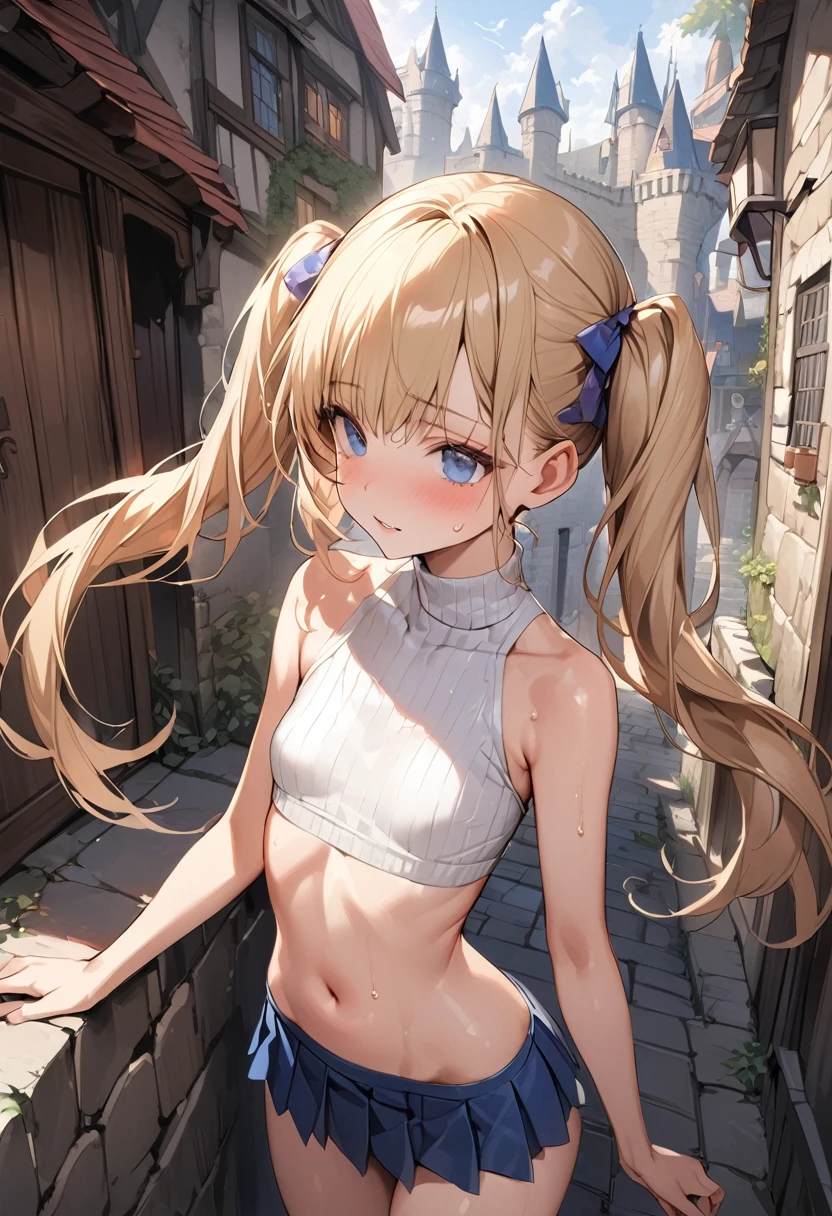 ((masterpiece,Highest quality:1.3,best quality illustration)),realistic,cowboy shot,(Mature Beauty),独奏,1woman,((very small head:1.4)),((ideal ratio body proportions:1.3)),blonde hair,twin tails,straight long hair,bangs,gorgeous eyes,Blue eyes,shy,(white knitwear、turtleneck,No sleeve,navel、Blue pleated mini skirt),((slender body,skinny)),small breasts,gleaming skin,shiny skin,sweat,Back Alley、castle town、Medieval Europe,