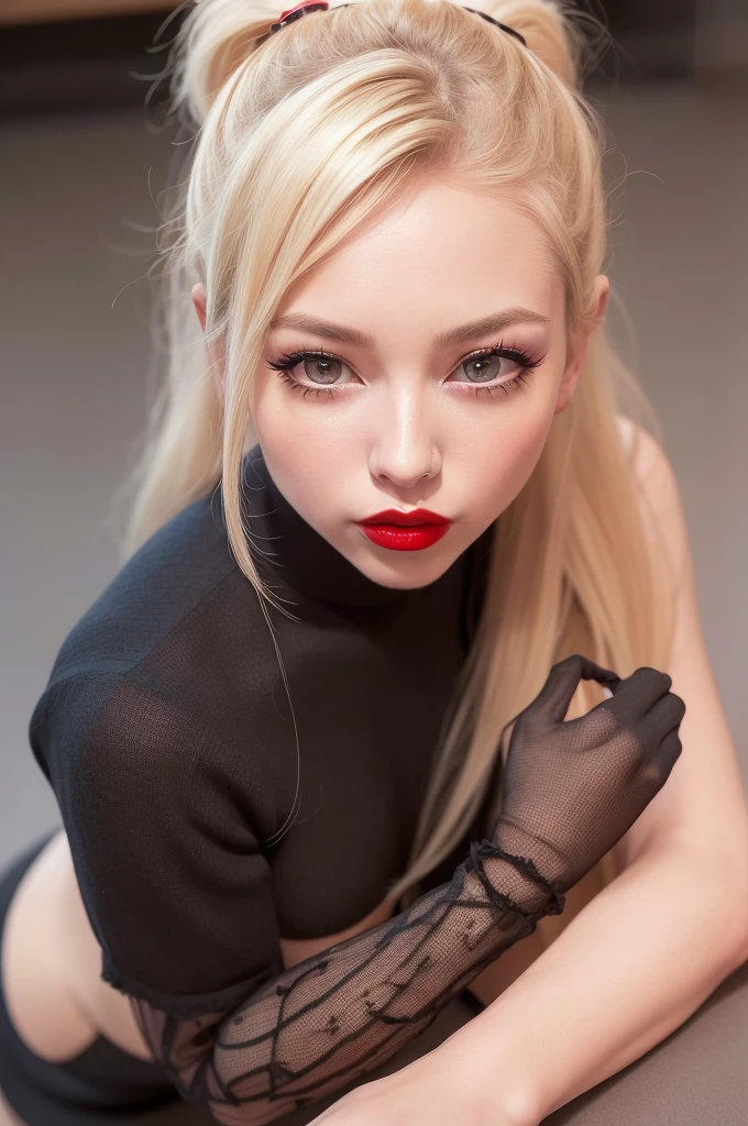 (8 K, 4K, Best quality, a high resolution, ultra high resolution:1.1), (masterpiece, realistic, photo-realistic:1.1), 1 girl, ponytail, blonde hair, black eyes, Red lips,  (I look at the viewer:2), absurdly long hair, long eyelashes, eyeshadow,  small лицо, big eyes, topic, absurdly short skirt, stockings, horny
