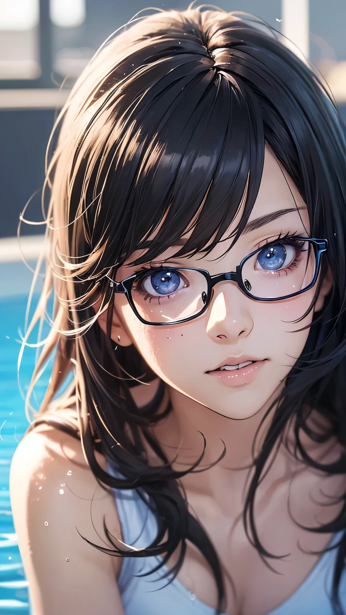 (highest quality,4K,8K,High resolution,table top:1.2), super detailed, (realistic,photorealistic,photo-realistic:1.37),((full body)), Unfortunate,Glasses,((black hair)), ((long hair)),((swimming wear)),beautiful and fine eyes, beautiful detailed lips, highly detailed eyes and face, long eyelashes, realistic anime 3D style, Smooth anime CG art, Digital rendering by Makoto Shinkai, Moe anime art style, photorealistic rendering of an anime girl, Shinkai Makoto style, Cute anime girl visuals, realistic young anime girl, girl fan art, Created by Anime Artist&#39;studio of.