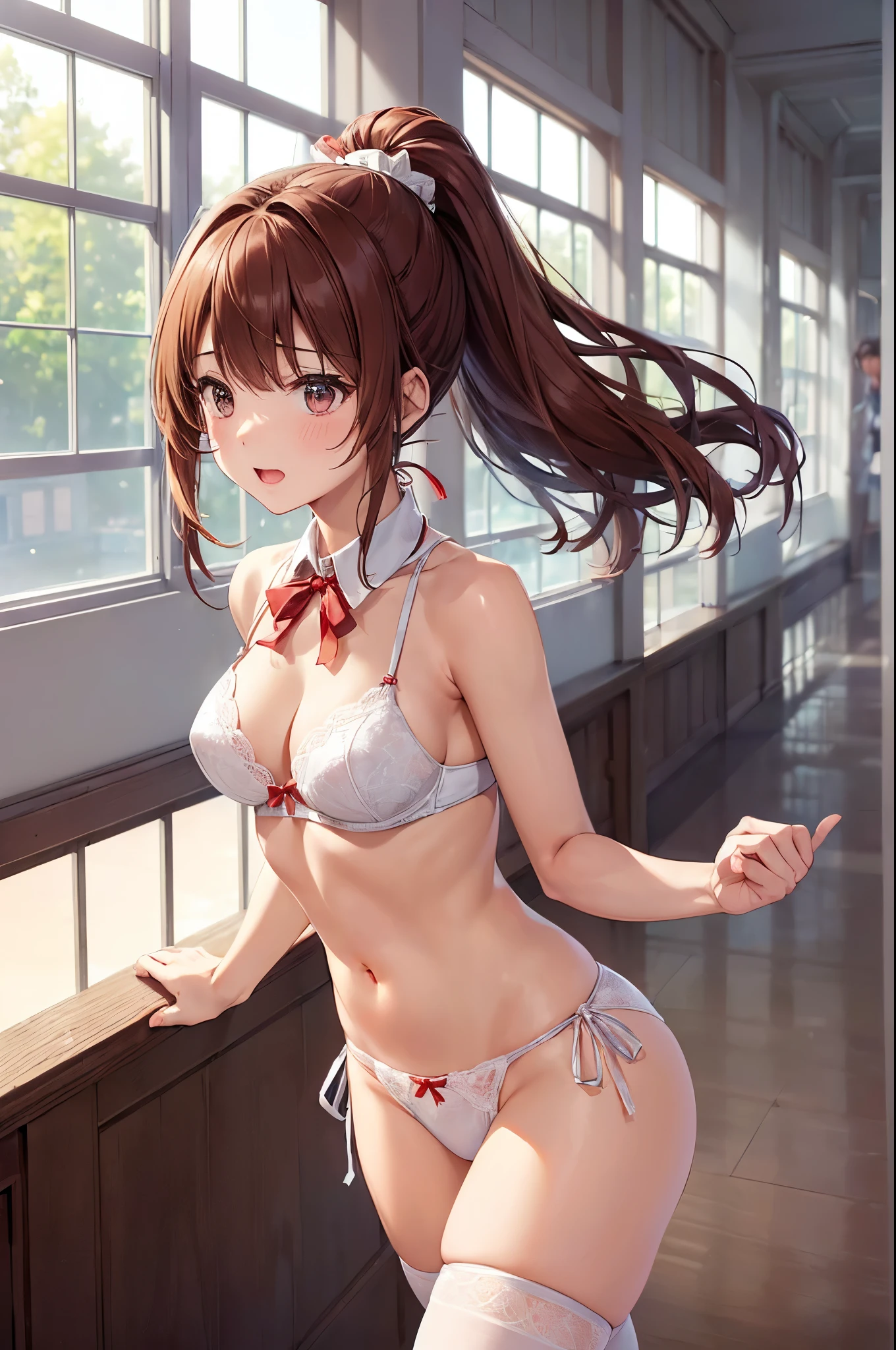 (((masterpiece, Highest quality, High resolution, 超High resolution, Perfect Pixel, Depth of written boundary, 4K, RTTX 10.0))), Beautiful Anime Woman, Beautiful art style, Anime characters, ((Smooth texture, Realistic texture, Anime CG Style)), Perfect and accurate finger count、Exact number of legs、(Exact number of arms:1.0, Exact number of hands:1.0), (Perfect hands, Perfect Anatomy), Cinematic, Realistic, Extremely detailed CG, Daytime lighting, Perfect lighting, Best Shadow, The best natural light, whole body, Perfect body, バランスのとれたPerfect body, Perfectly balanced style, Soft body, Slender body, ((bangs, Reddish brown hair, Long Hair, ponytail)), ((A cute adult woman is walking:1.8)), ((Bow tie around neck:1.3), (Sexy and cute white underwear:1.3), (Stylish shiny white satin panties, Side-tie panties, Panties with plain white center and lace decoration on the sides:1.3), (Panties with red ribbon:1.3), (White micro lace satin bra, White bra with large lace trim around the edges, Bra with red ribbon:1.3), (Knee socks:1.3):1.4), (Beautiful big boobs:1.1), (Embarrassed expression:1.5), blush, (School corridor, Corridor with windows, Long corridor, Many students in the background, Male students looking at women:1.7), naked, In underwear, ブラとパンティとKnee socksだけ, School shoes, Angle from below the front