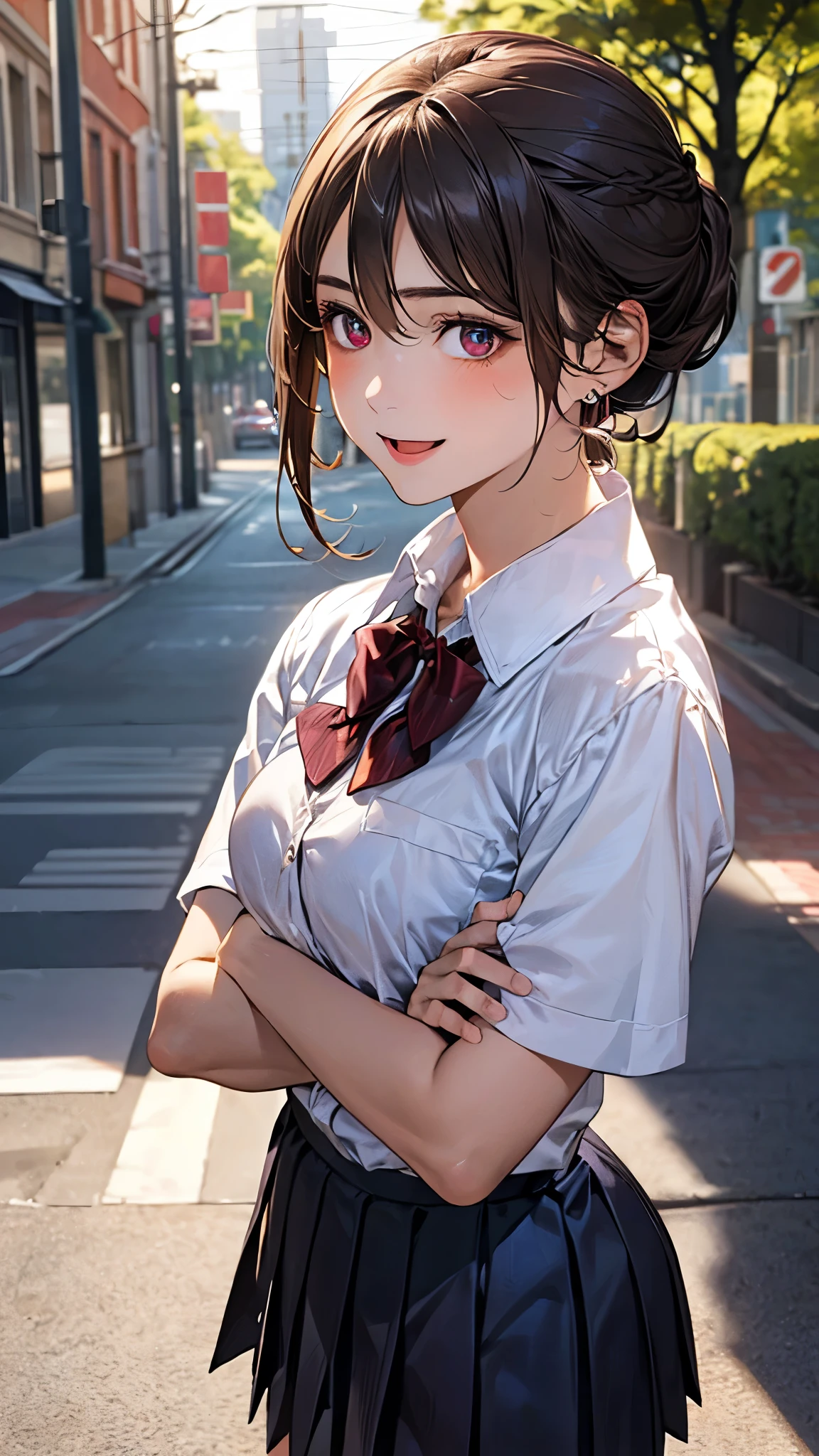 (masterpiece:1.2, top-quality), (realistic, photorealistic:1.4), beautiful illustration, (natural side lighting, movie lighting), depth of fields,
looking at viewer, upper body, face close-up, front view, 1 girl, 10 years old, (perfect anatomy, anatomically correct, super detailed skin), cute and symmetrical face, perfect face, perfect eyes,
(long hair, (chignon:1.5), dark brown hair), hair between eyes, maroon eyes, big eyes, long eye lasher, (medium breasts, thigh), perfect body, shiny skin,
beautiful detailed hair, beautiful detailed face, beautiful detailed eyes, beautiful clavicle, beautiful body, beautiful chest, beautiful thigh, beautiful legs, beautiful fingers,
(detailed cloth texture, break short sleeve white collared shirt, break navy pleated skirt, break dark red bow tie), break
(beautiful scenery), (tree-lined street:1.2), walking, (crossed arms), (lovely smile, open mouth),