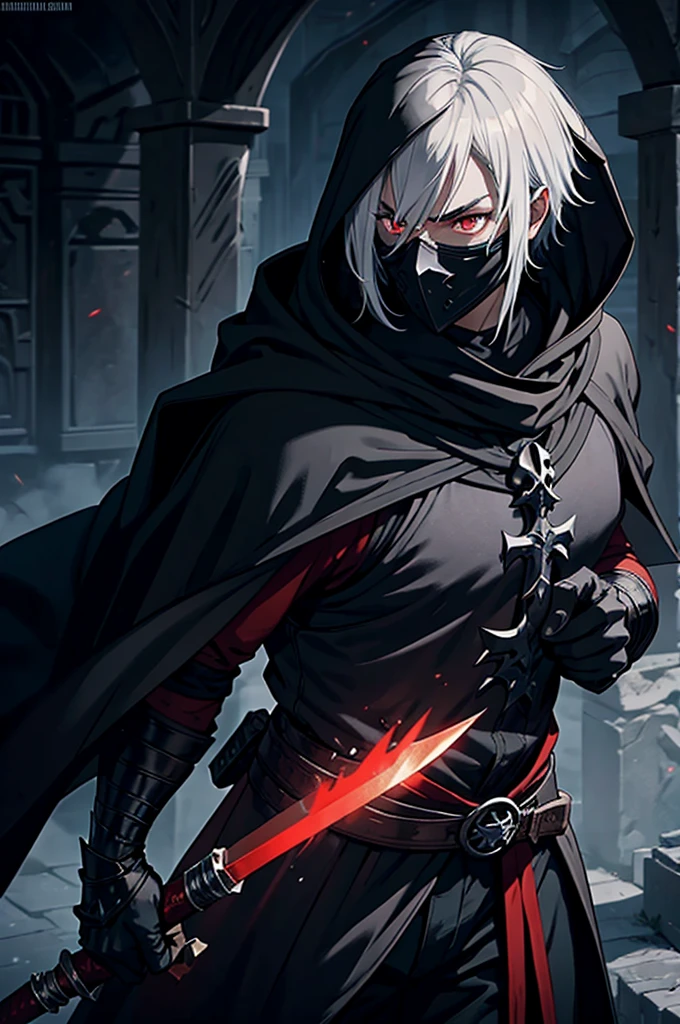 An assassin, male, fantasy character, physically strong, wearing a skull mask covering his face and eyes, dressed in black medieval attire, with a white hooded cloak over it, gray hair, short hair, red eyes, holding a dagger, nighttime background.