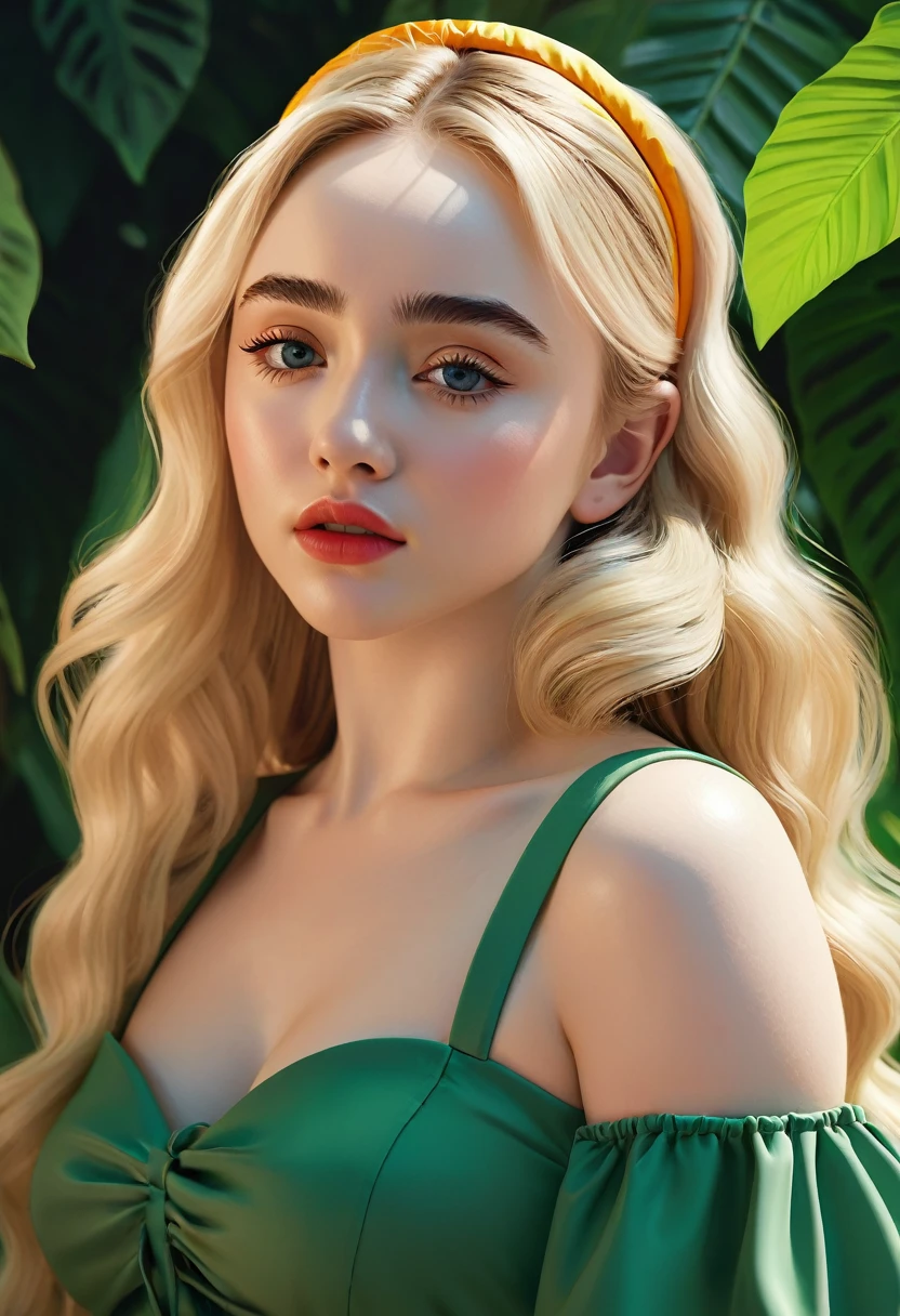 Thirst trap beautiful women that looks like Sabrina Carpenter. green sun dress, clean girl aesthetic. Her hair iblonde super strait and sleek, White hairband. official art is an award-winning digital masterpiece in 4K Ultra HD, featuring extreme detail and intricate realism. It combines the artistry of Wlop and Artgerm in a stunning 2D vector illustration. The background is a tranquil waterfall. bright colorful.
