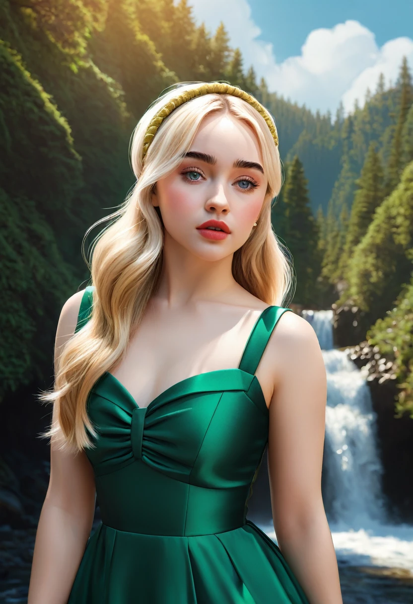 Thirst trap beautiful women that looks like Sabrina Carpenter. green sun dress, clean girl aesthetic. Her hair iblonde super strait and sleek, White hairband. official art is an award-winning digital masterpiece in 4K Ultra HD, featuring extreme detail and intricate realism. It combines the artistry of Wlop and Artgerm in a stunning 2D vector illustration. The background is a tranquil waterfall. bright colorful.