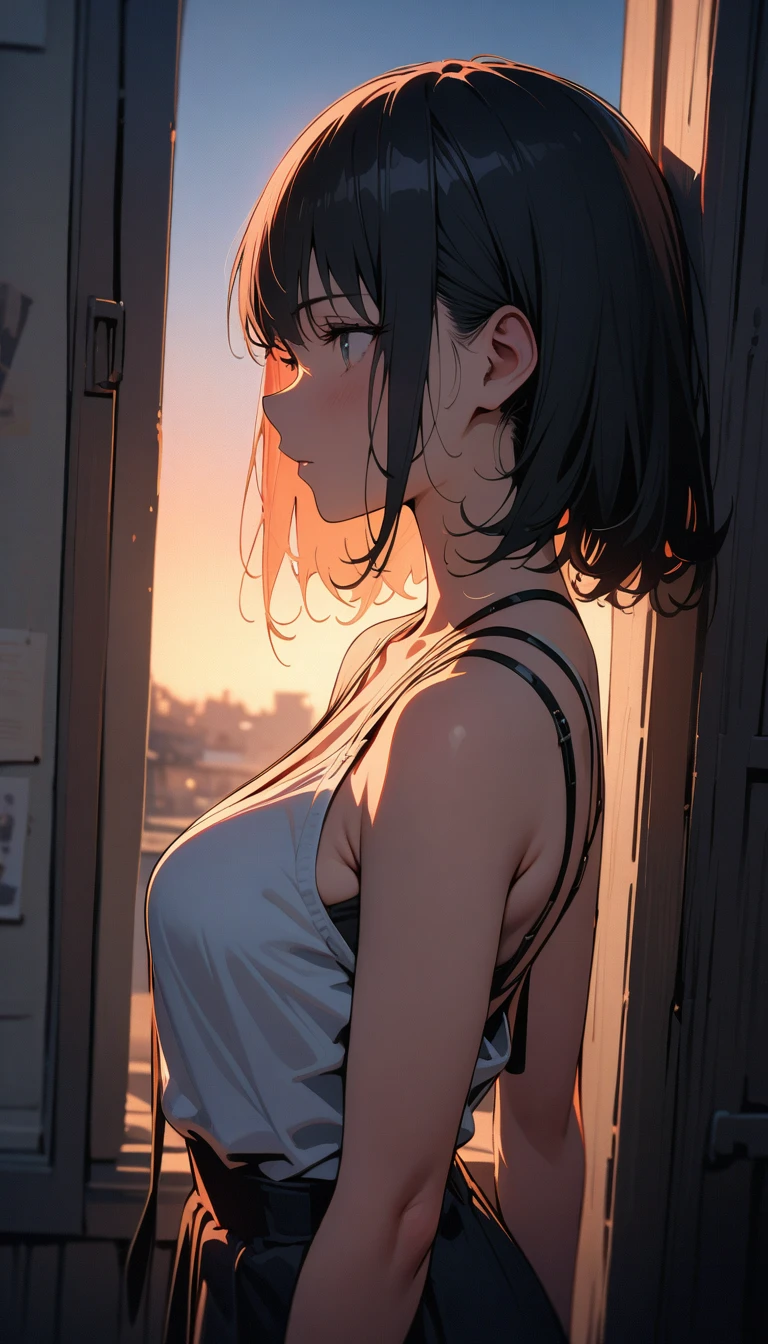 ((best quality)) , ((masterpiece)) , (detailed)，backlit photo of, side-profile of a [Libyan|Tibetan] (Simona:1.2) , Unattractive, Tie, Sublime Straps, at Twilight, Detailed illustration,