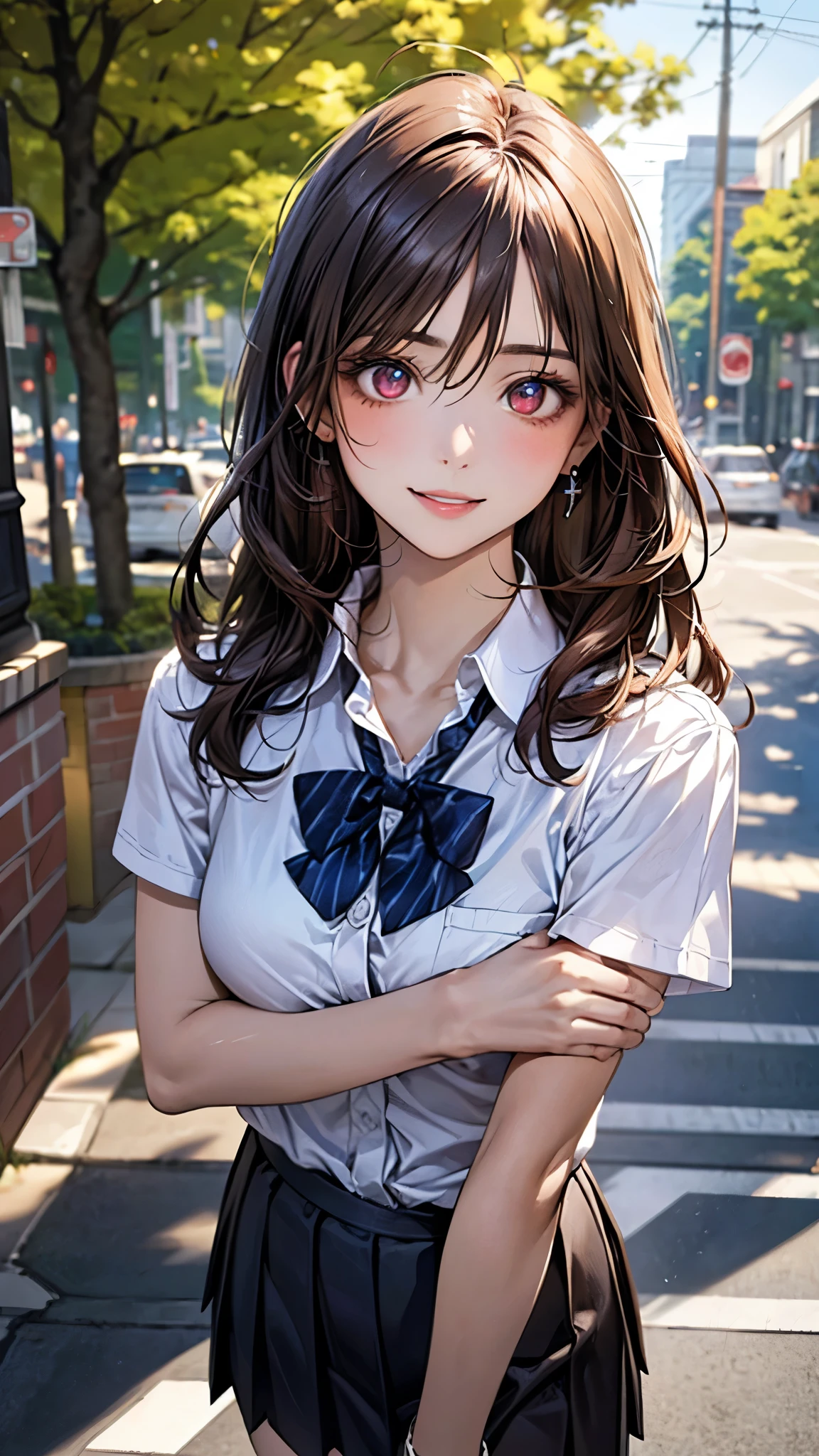 (masterpiece:1.2, top-quality), (realistic, photorealistic:1.4), beautiful illustration, (natural side lighting, movie lighting), depth of fields, 
looking at viewer, upper body, face close-up, front view, 1 girl, 10 years old, (perfect anatomy, anatomically correct, super detailed skin), cute and symmetrical face, perfect face, perfect eyes, 
(long hair, chignon:1.5, dark brown hair), hair between eyes, maroon eyes, big eyes, long eye lasher, (medium breasts, thigh), perfect body, shiny skin, 
beautiful detailed hair, beautiful detailed face, beautiful detailed eyes, beautiful clavicle, beautiful body, beautiful chest, beautiful thigh, beautiful legs, beautiful fingers, 
(detailed cloth texture, break short sleeve white collared shirt, break navy pleated skirt, break dark red bow tie), break 
(beautiful scenery), (tree-lined street:1.2), walking, (crossed arms), (lovely smile, parted lips),