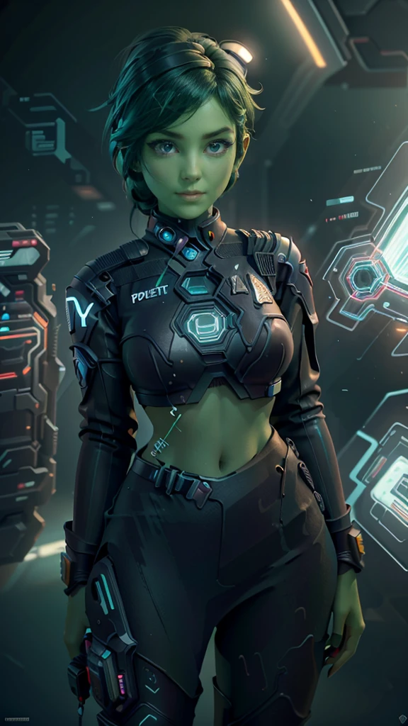 (best quality,highres,ultra-detailed:1.2), cyberpunk, green-skinned female futuristic police officer, sleek complete and futuristic police uniform dystopian cityscape, neon lights, holographic projections, futuristic weapons, augmented reality technology, detailed facial features, cybernetic enhancements, cowboy shot