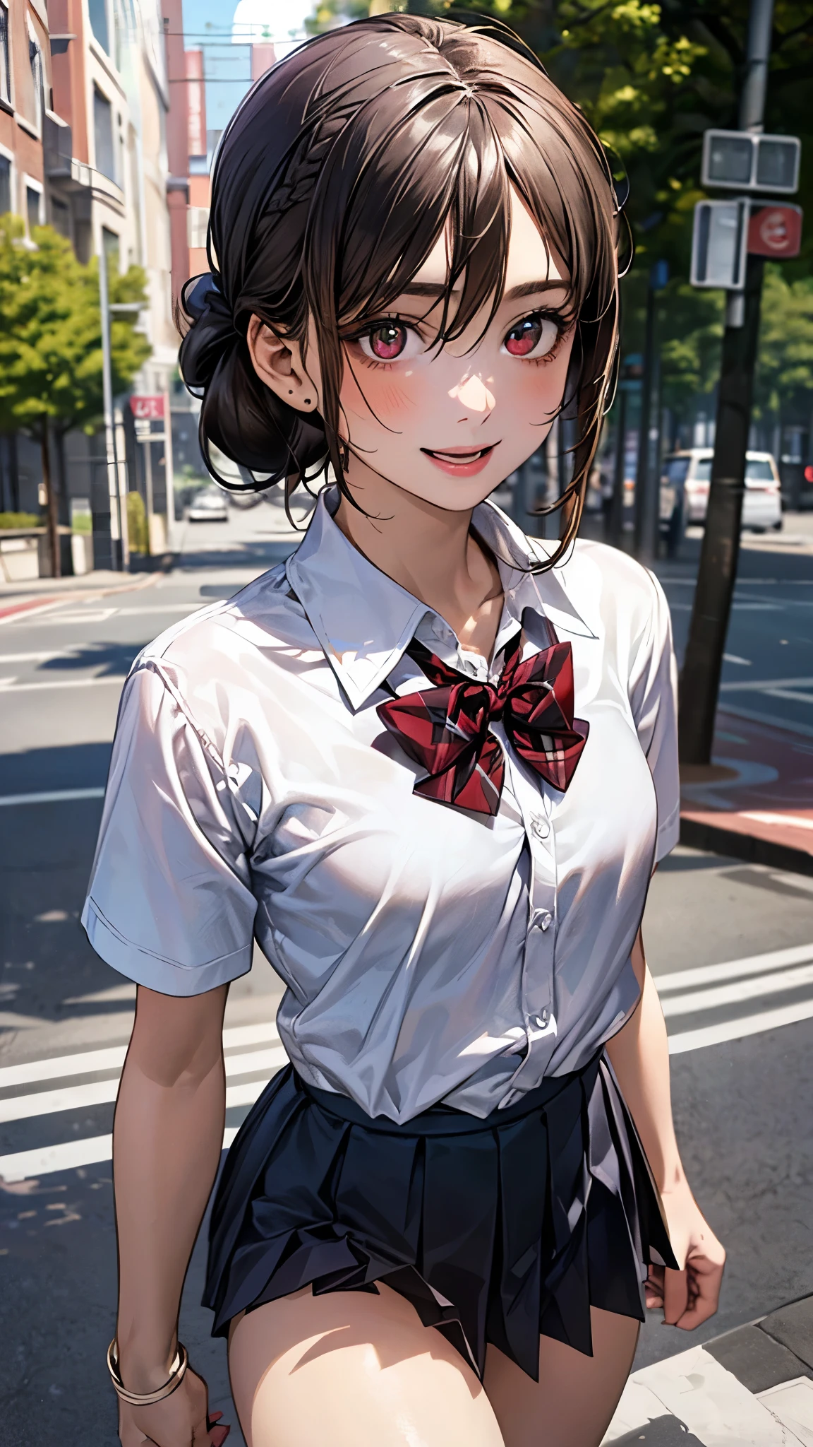 (masterpiece:1.2, top-quality), (realistic, photorealistic:1.4), beautiful illustration, (natural side lighting, movie lighting), depth of fields,
looking at viewer, upper body, face close-up, front view, 1 girl, 10 years old, (perfect anatomy, anatomically correct, super detailed skin), cute and symmetrical face, perfect face, perfect eyes,
(long hair, (chignon:1.5), dark brown hair), hair between eyes, maroon eyes, big eyes, long eye lasher, (medium breasts, thigh), perfect body, shiny skin,
beautiful detailed hair, beautiful detailed face, beautiful detailed eyes, beautiful clavicle, beautiful body, beautiful chest, beautiful thigh, beautiful legs, beautiful fingers,
(detailed cloth texture, break short sleeve white collared shirt, break navy pleated skirt, break dark red bow tie), break
(beautiful scenery), (tree-lined street:1.2), walking, (lovely smile, open mouth),