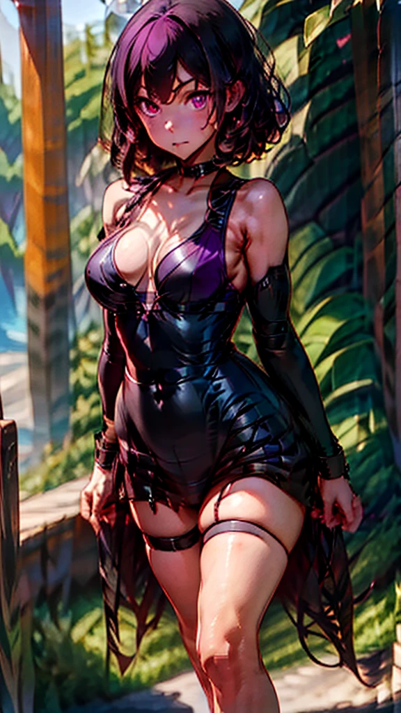 masterpiece, best quality, highres, highly detailed, ((Slim thicc waifu:1.3)), plump medium breasts, pale pink skinned girl, pinkish lips and pinkish eye-shadow, black scalara eyes, long straight silvery white hair, (black choker), (purple leather shoulderless corset croptop), (purple leather form-fitting pants), (thigh high dark purple leather boots), she walks menacingly down a demily lit scifi ship corridor. With a evil smirk on her pretty face.
