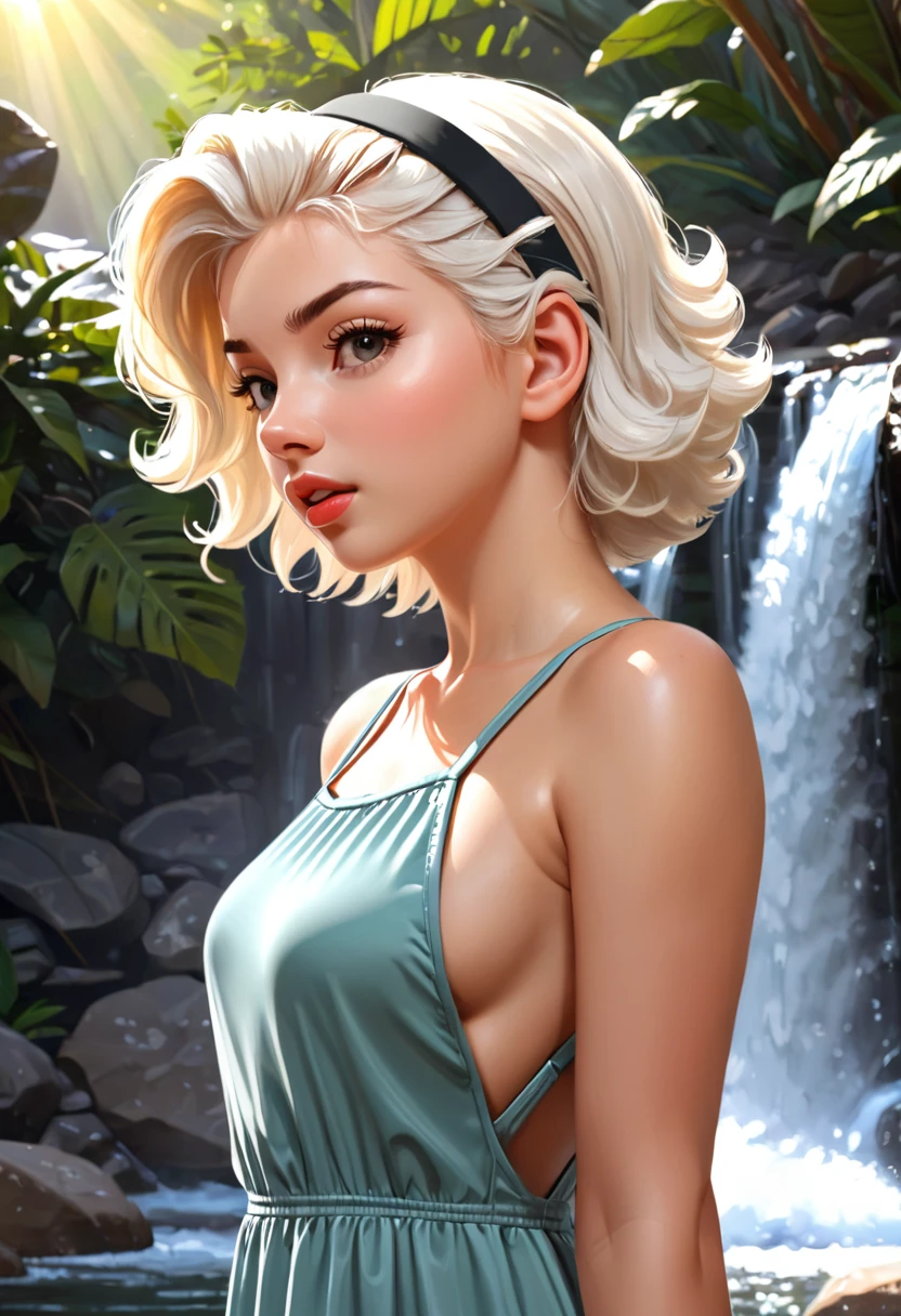 Thirst trap beautiful women that looks like Masiela Lusha. green sun dress, clean girl aesthetic. Her hair iblonde super strait and sleek, White hairband. official art is an award-winning digital masterpiece in 4K Ultra HD, featuring extreme detail and intricate realism. It combines the artistry of Wlop and Artgerm in a stunning 2D vector illustration. The background is a tranquil waterfall. bright colorful.