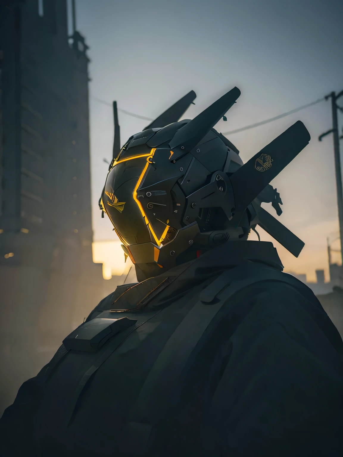 (Rainy days:1.3), Dark theme, Dark cloud, Raiden, being realistic, Ultra detailed complex 3D render of a, The best quality, masterpiece, ultra high resolution, cowboy lens, (being realistic:1.4), RAW Photographer, official art, (close up neckline, shallow focus:1.5), complex background, absurderes, blurred, pure atmosphere, From the side Side, dynamic angle, ((Armed with both hands)), shiny gold, Network helmets, giant mecha, droid, armor, machine arm, Science fiction,without humans,(wearing a tattered cloak),Stand on the ruins of the old square after the Radiological War.,Damaged buildings everywhere,gunpowder smoke,karo,led,Cowboys