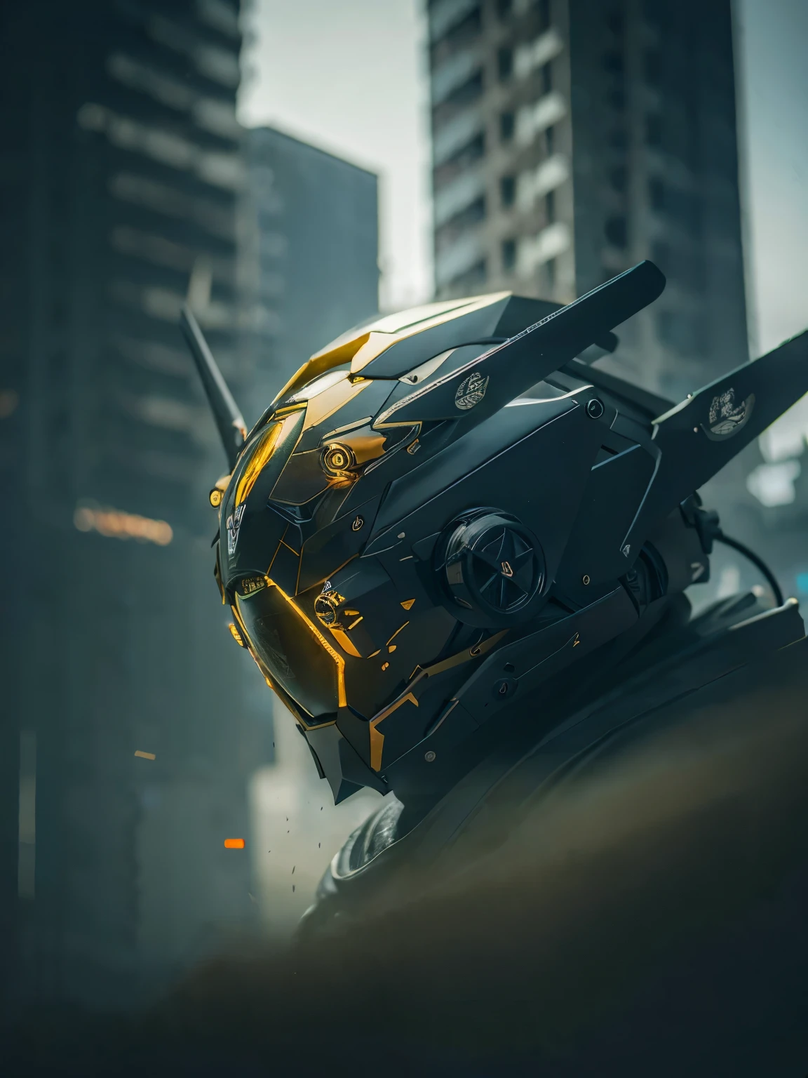 (Rainy days:1.3), Dark theme, Dark cloud, Raiden, being realistic, Ultra detailed complex 3D render of a, The best quality, masterpiece, ultra high resolution, cowboy lens, (being realistic:1.4), RAW Photographer, official art, (close up neckline, shallow focus:1.5), complex background, absurderes, blurred, pure atmosphere, From the side Side, dynamic angle, ((Armed with both hands)), shiny gold, Network helmets, giant mecha, droid, armor, machine arm, Science fiction,without humans,(wearing a tattered cloak),Stand on the ruins of the old square after the Radiological War.,Damaged buildings everywhere,gunpowder smoke,karo,led,Cowboys