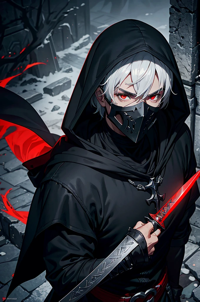An assassin, male, fantasy character, physically strong, wearing a skull mask covering his face and eyes, dressed in black medieval attire, with a white hooded cloak over it, gray hair, short hair, red eyes, holding a short sword, nighttime background.