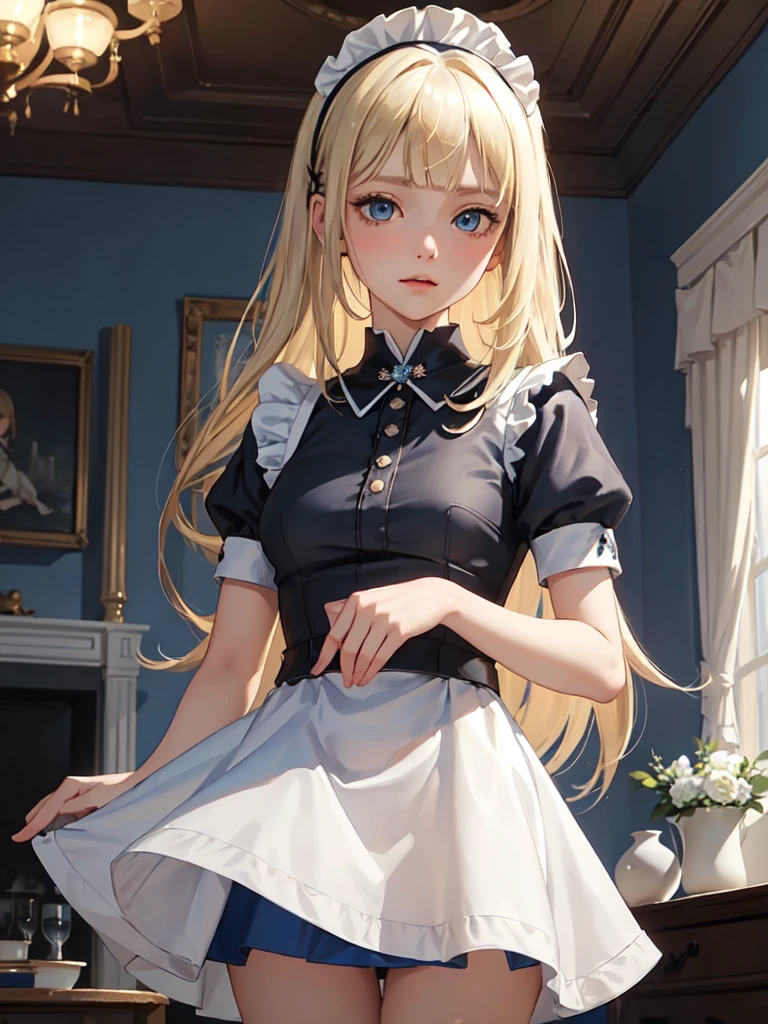 1lady, solo, young girl, , straight blonde hair, blunt bangs, Blue eyes, (Cold look), (masterpiece, best quality:1.2) delicate illustration, ultra-detailed, medium breasts, ((upper body)), (Mini skirt maid outfit), living room、A sharp expression、