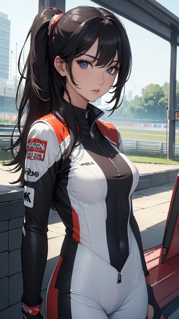 (((masterpiece))),(((High resolution)))、(((8K)))、(((beautiful woman racer))), ((racing suit)), ((top quality eyes)), ((detailed face)), ((detailed texture)), look at the camera